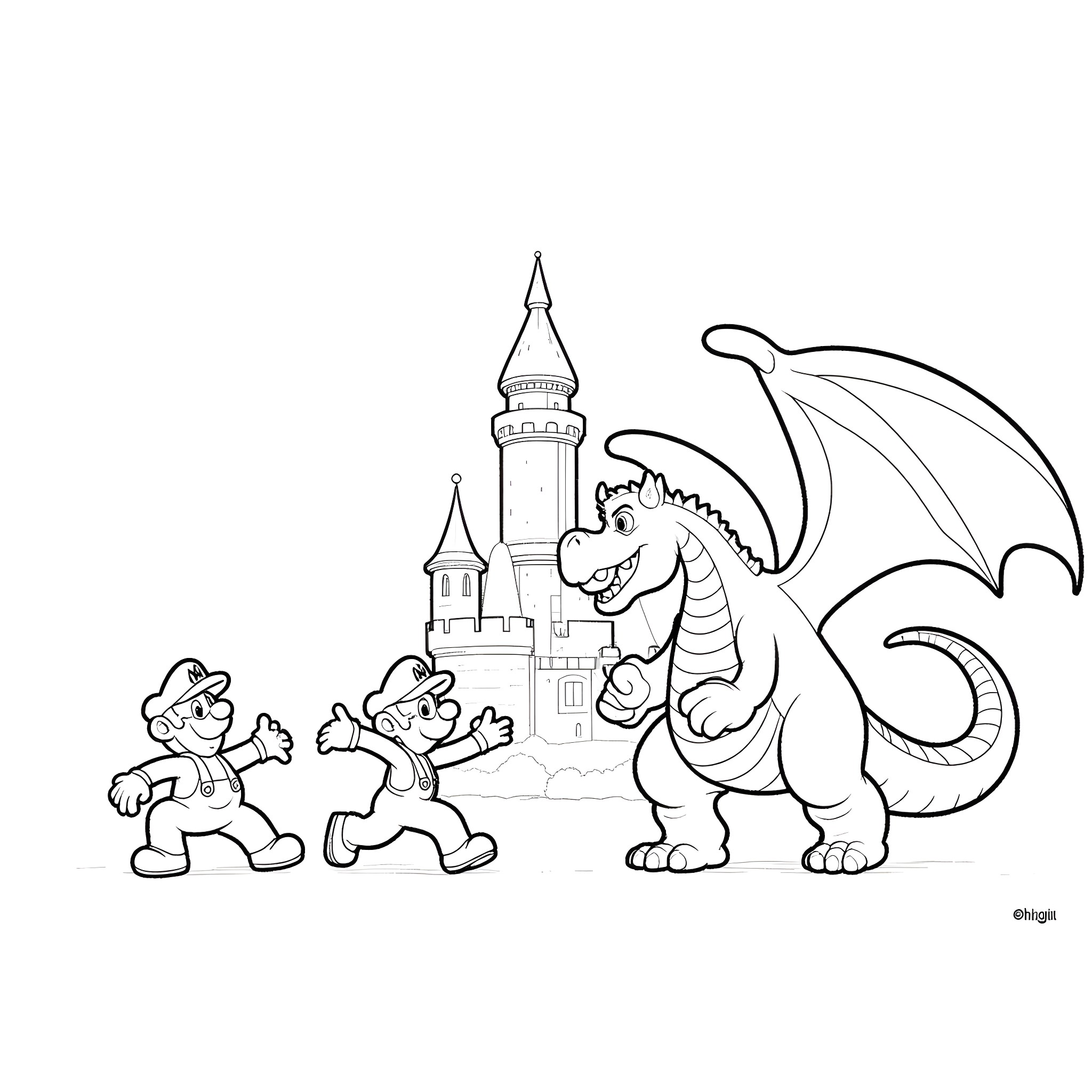 Mario and dragon characters in fantasy castle scene Coloring Page (free black-and-white line drawing printable PDF for all, from beginners to advanced learners, including children, teens, adults, and seniors)