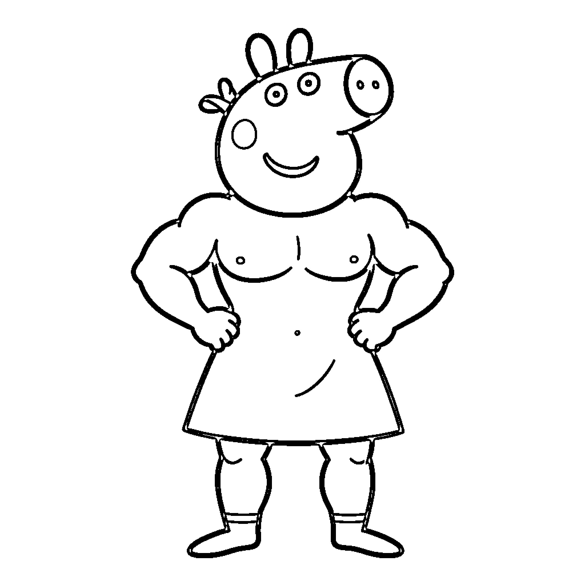 Peppa Pig posing with a muscular physique Coloring Page (free black-and-white line drawing printable PDF for all, from beginners to advanced learners, including children, teens, adults, and seniors)