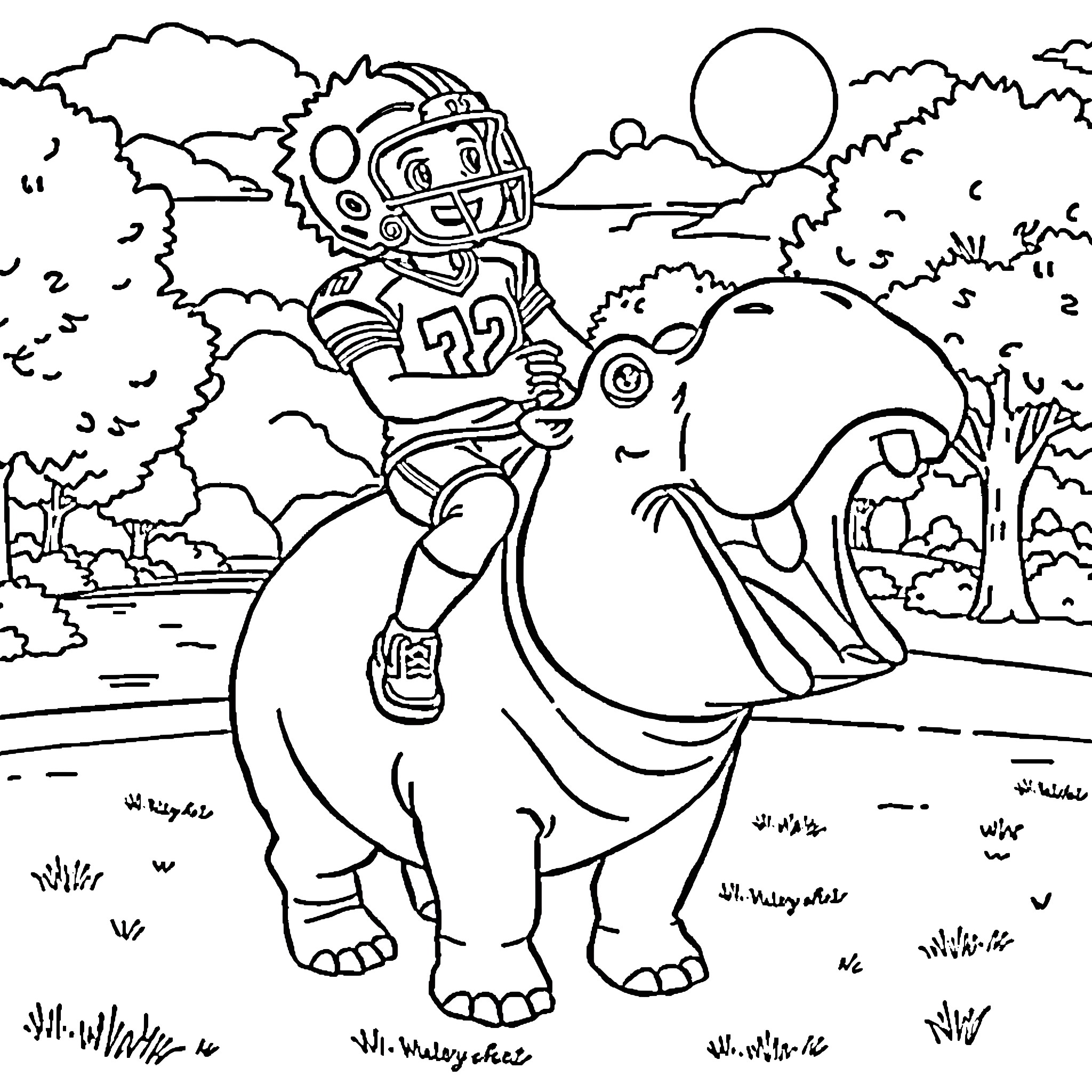 Football Player Riding a Dinosaur in Outdoor Landscape Coloring Page (free black-and-white line drawing printable PDF for all, from beginners to advanced learners, including children, teens, adults, and seniors)