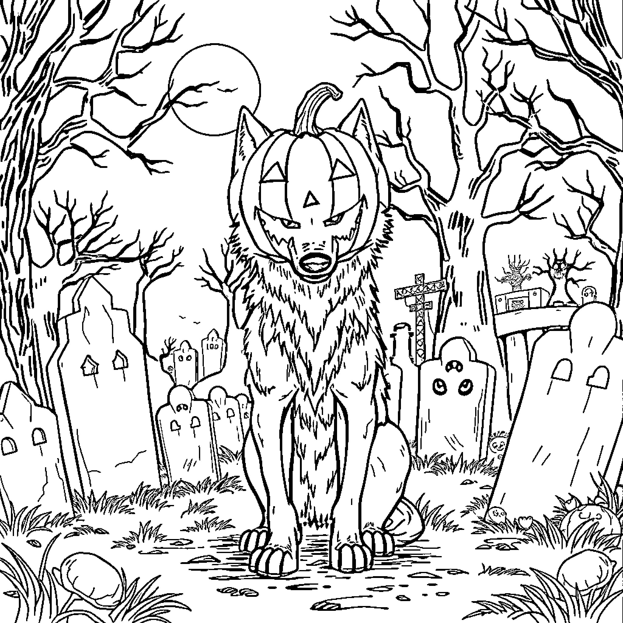 Wolf standing guard in a spooky forest Coloring Page (free black-and-white line drawing printable PDF for all, from beginners to advanced learners, including children, teens, adults, and seniors)