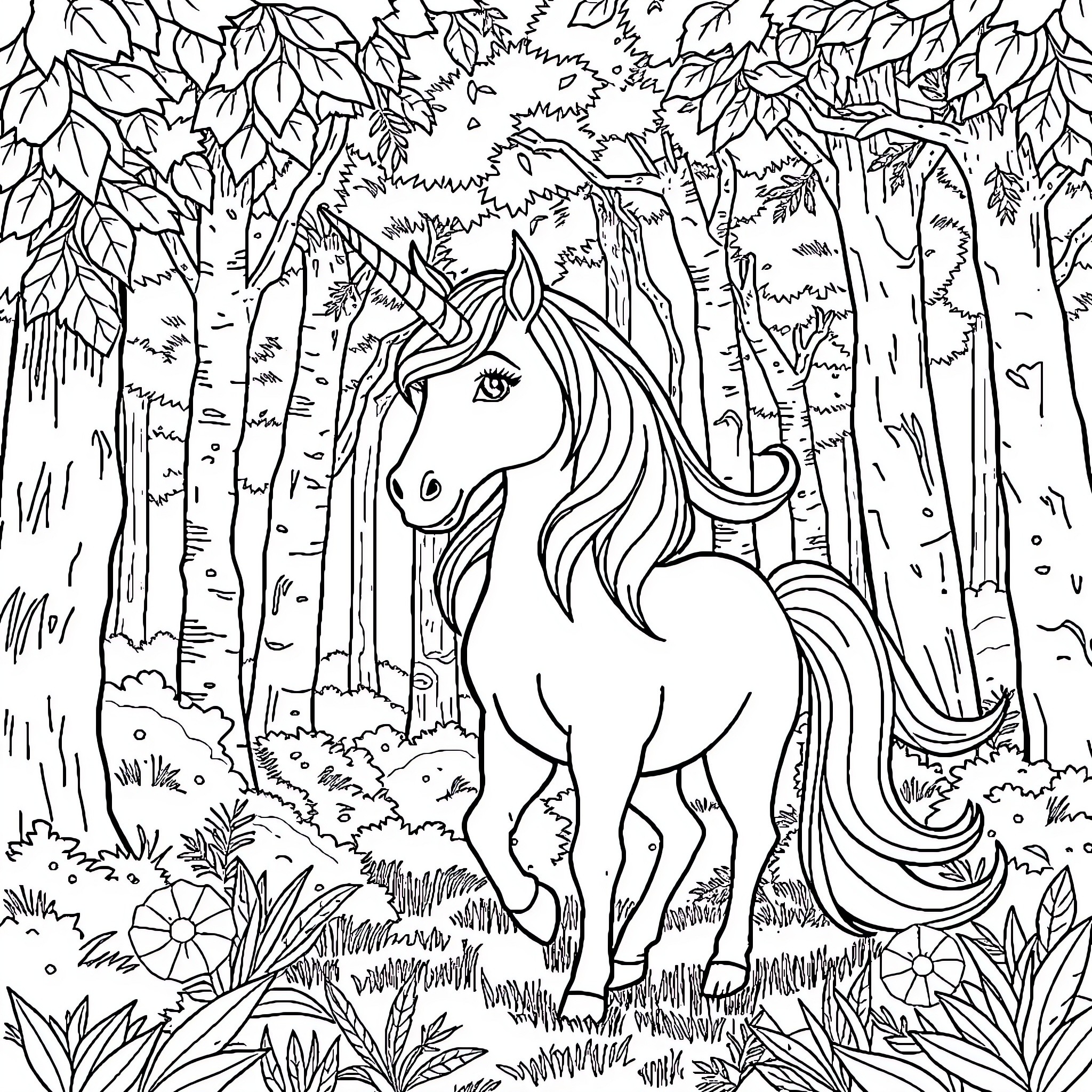 Unicorn wandering through a magical forest Coloring Page (free black-and-white line drawing printable PDF for all, from beginners to advanced learners, including children, teens, adults, and seniors)