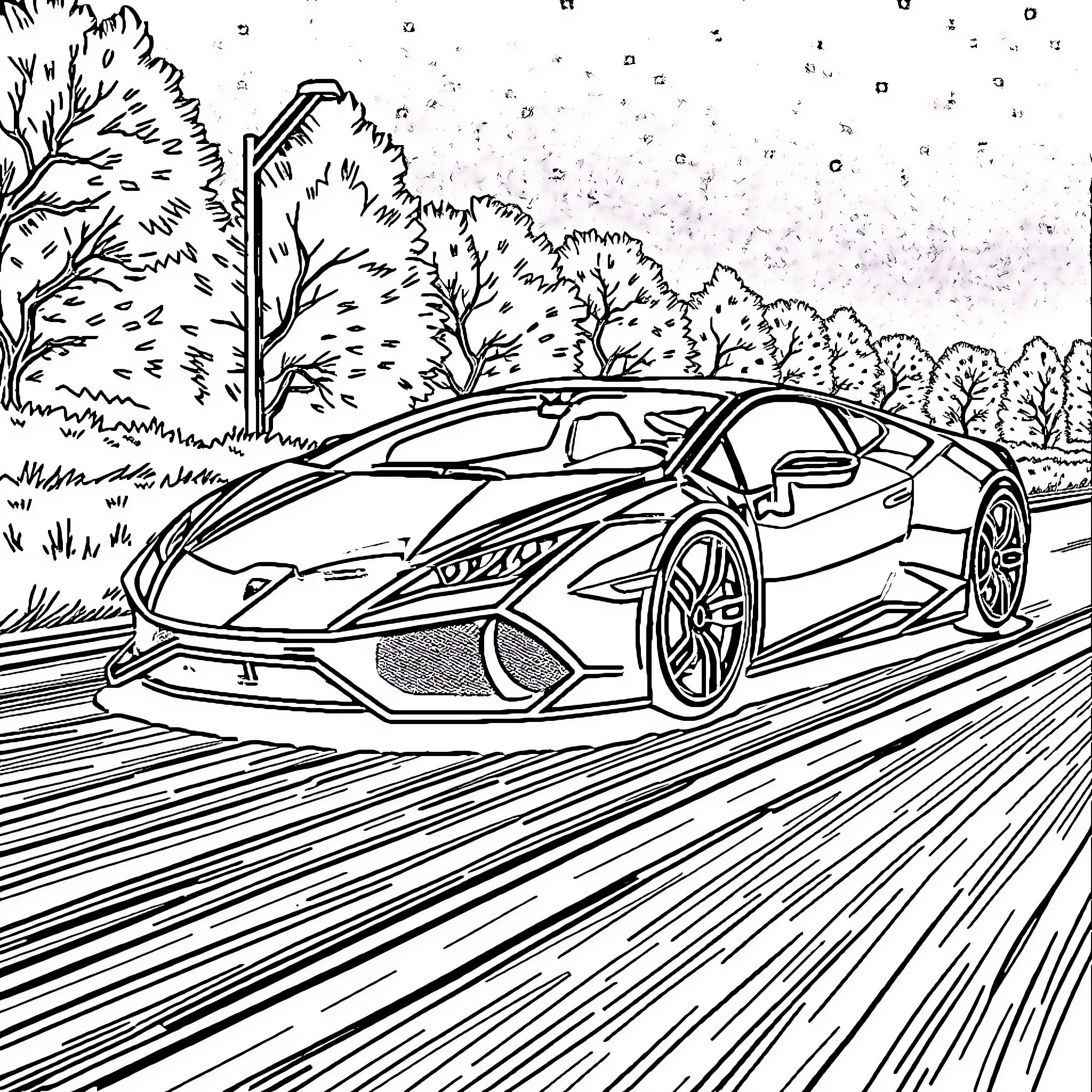 Lamborghini sports car speeding through snowy forest Coloring Page (free black-and-white line drawing printable PDF for all, from beginners to advanced learners, including children, teens, adults, and seniors)