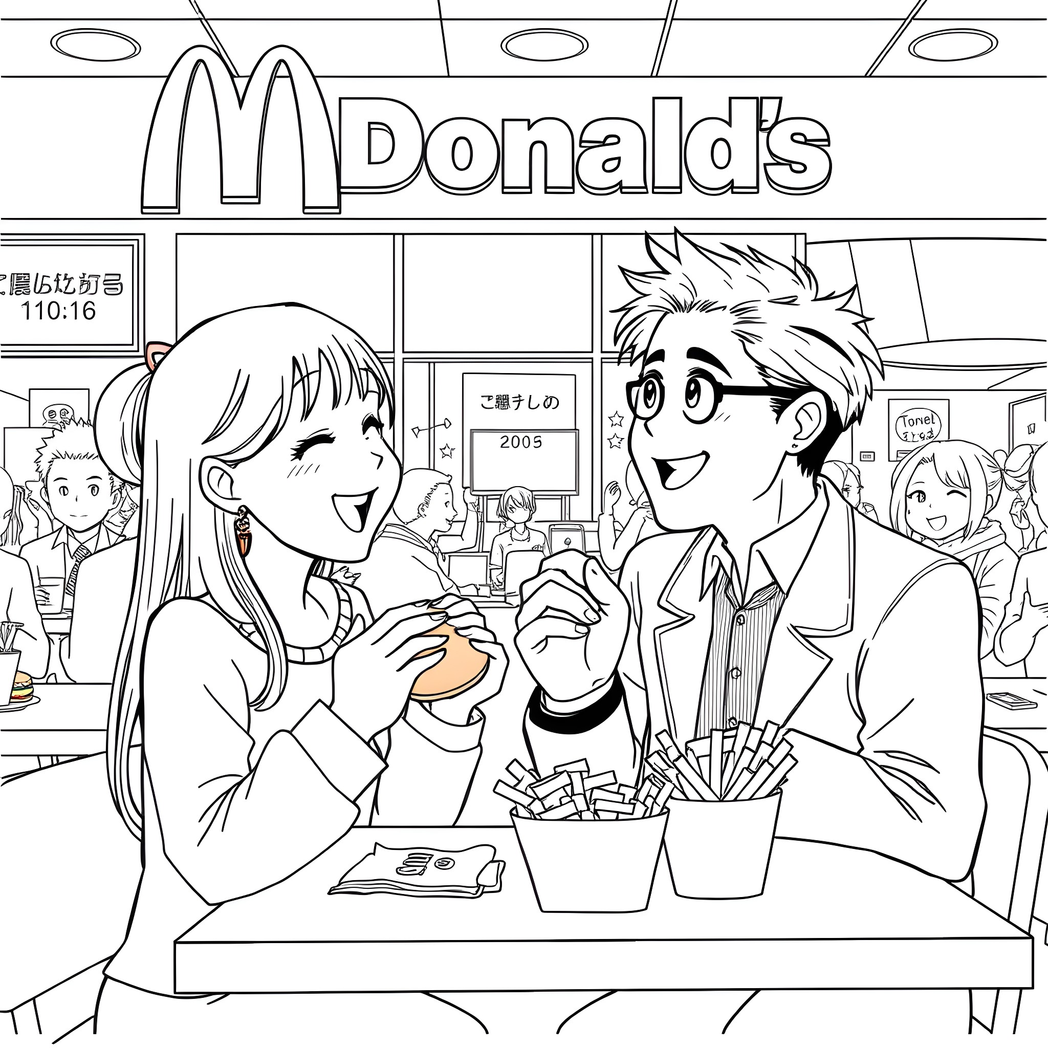 Tanjiro enjoying a meal with friends at McDonald's Coloring Page (free black-and-white line drawing printable PDF for all, from beginners to advanced learners, including children, teens, adults, and seniors)