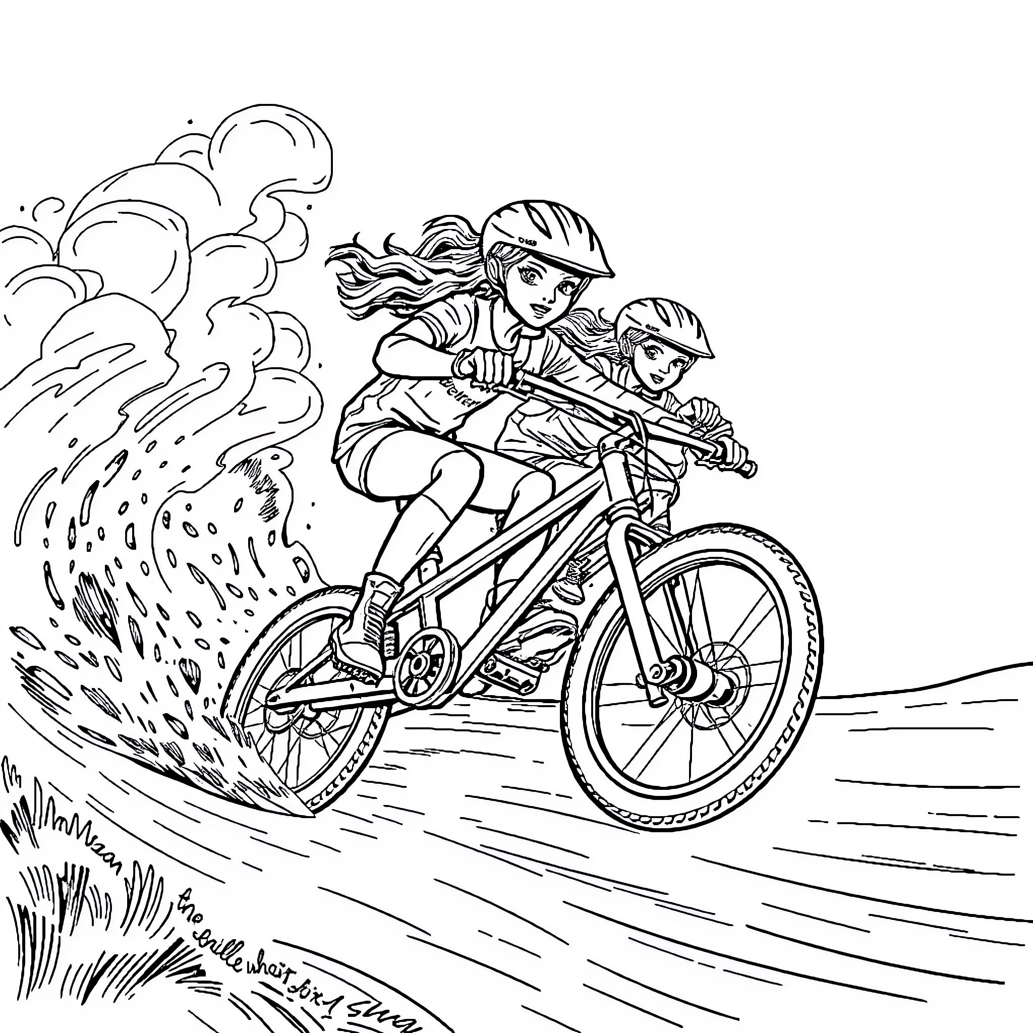 Girl BMX riders performing tricks in action Coloring Page (free black-and-white line drawing printable PDF for all, from beginners to advanced learners, including children, teens, adults, and seniors)