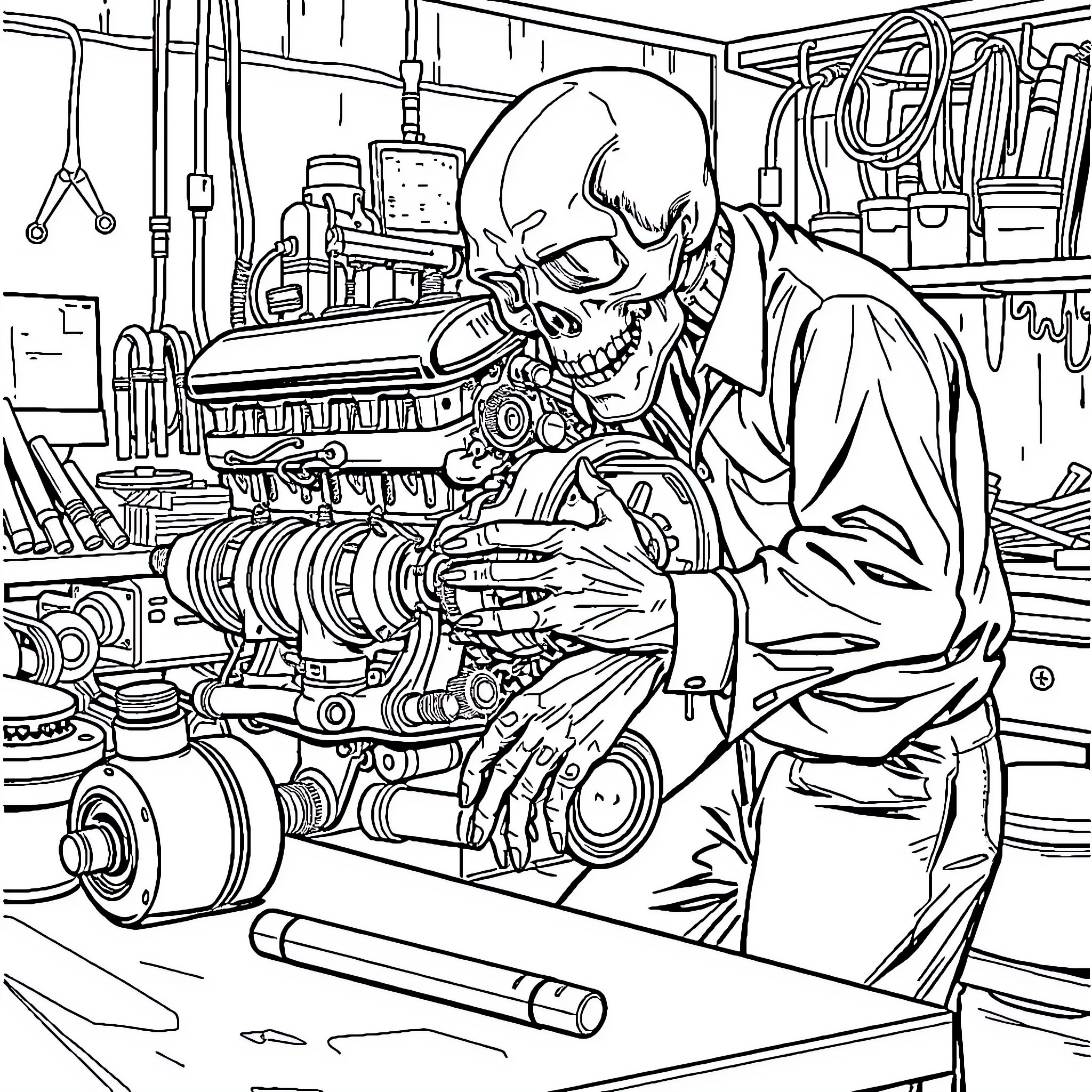 Death Haunts the Mechanical Realm Coloring Page (free black-and-white line drawing printable PDF for all, from beginners to advanced learners, including children, teens, adults, and seniors)