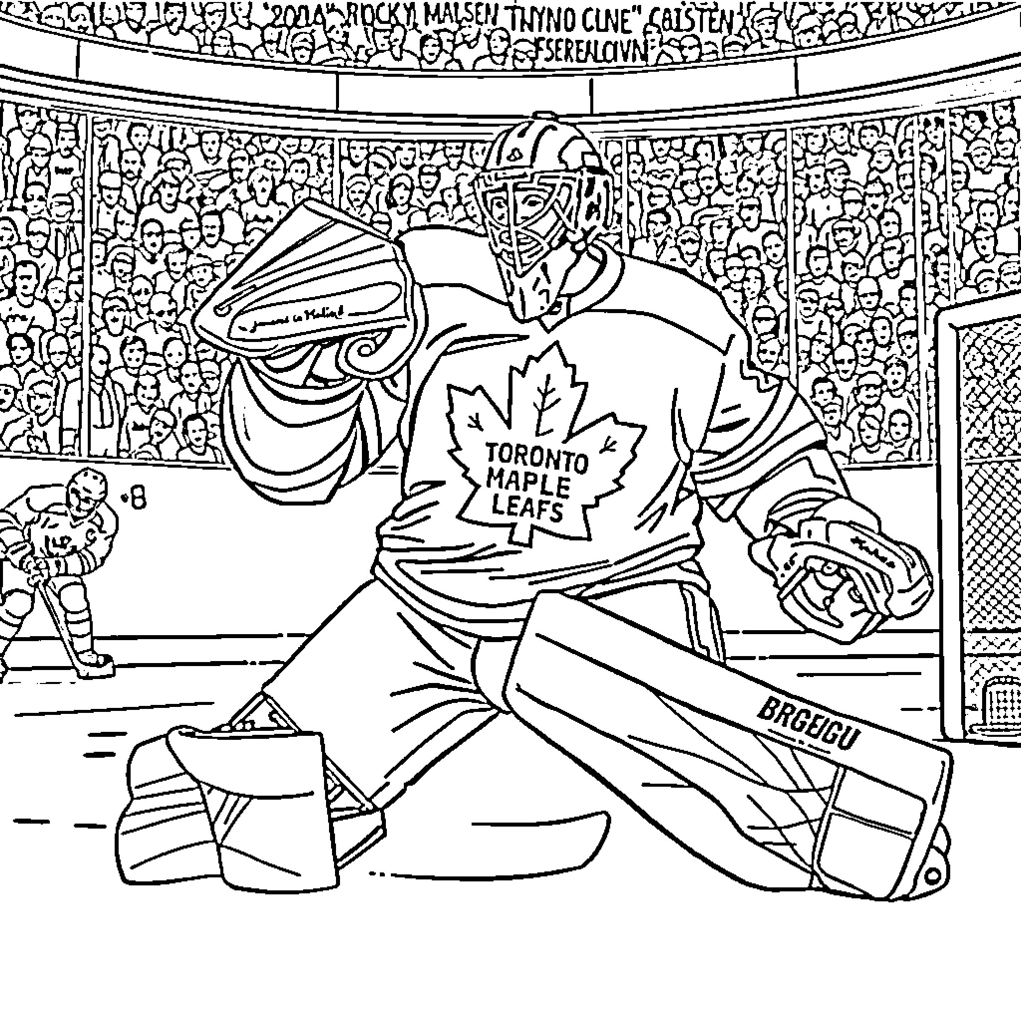 Goalie in action during hockey game Coloring Page (free black-and-white line drawing printable PDF for all, from beginners to advanced learners, including children, teens, adults, and seniors)