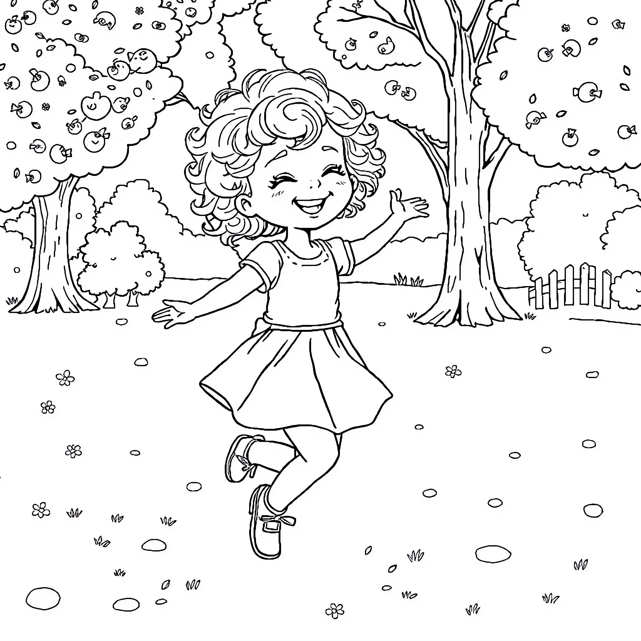 Girl joyfully playing in a whimsical outdoor scene Coloring Page (free black-and-white line drawing printable PDF for all, from beginners to advanced learners, including children, teens, adults, and seniors)