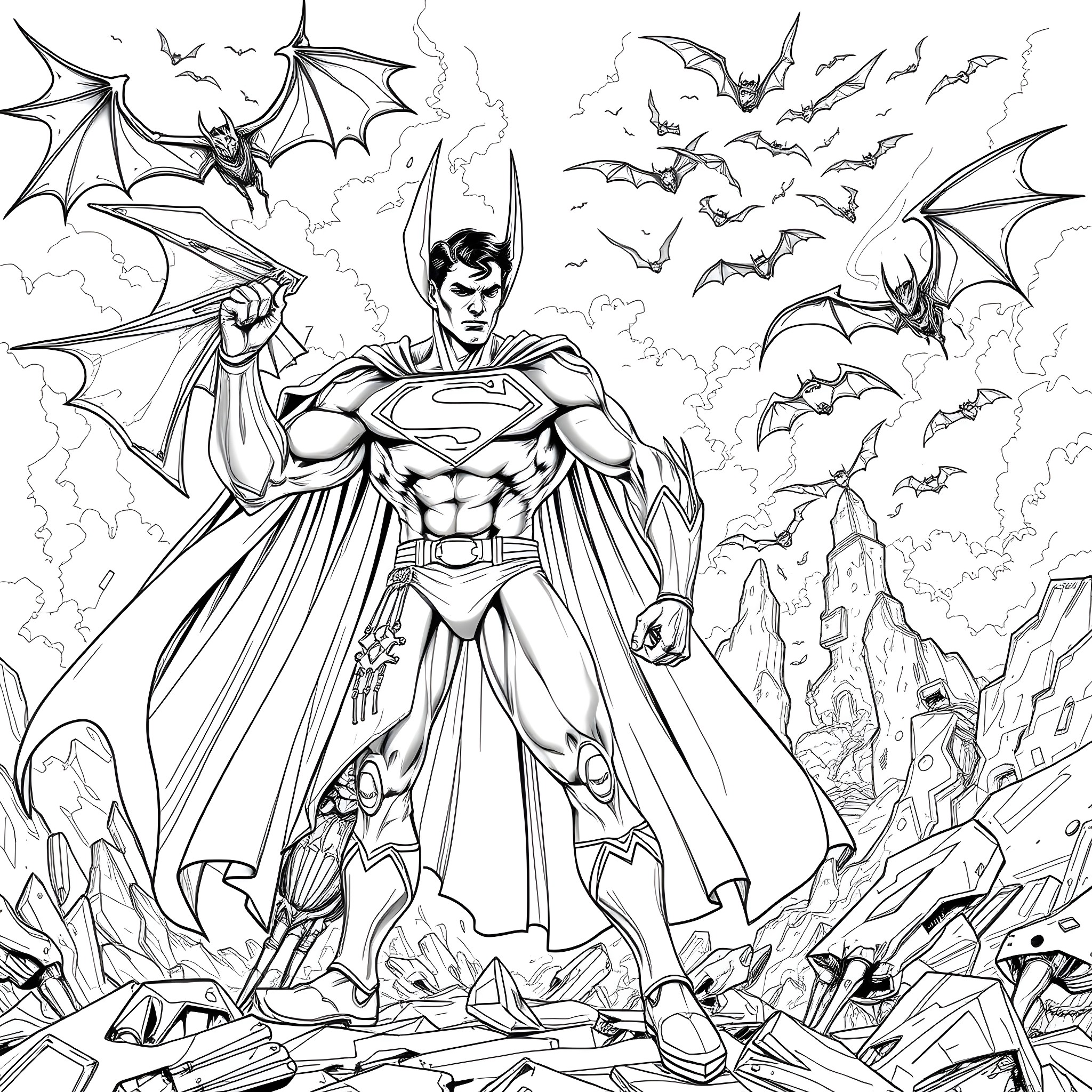Superman battles fearsome vampiric creatures Coloring Page (free black-and-white line drawing printable PDF for all, from beginners to advanced learners, including children, teens, adults, and seniors)