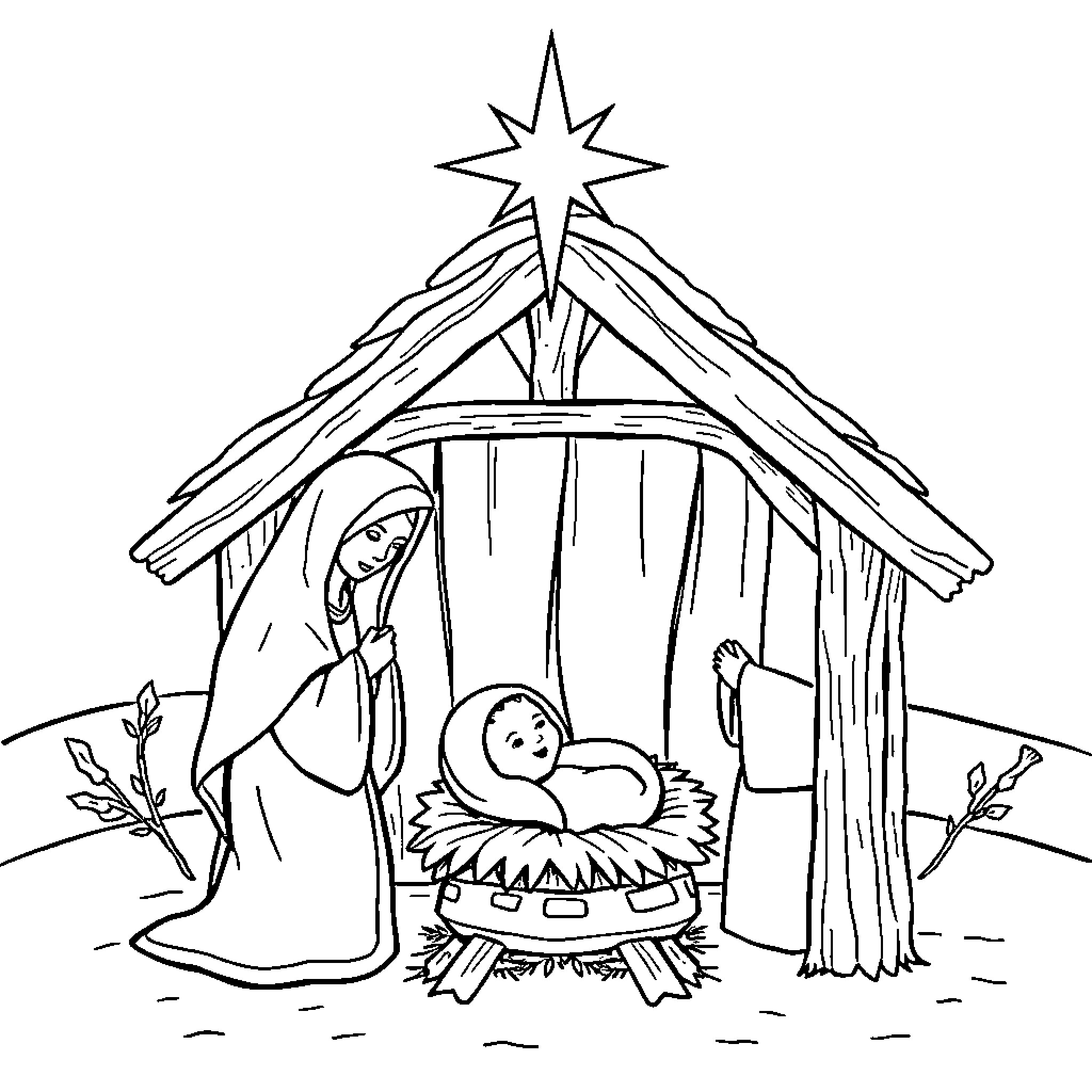 Nativity scene with holy family and newborn baby Coloring Page (free black-and-white line drawing printable PDF for all, from beginners to advanced learners, including children, teens, adults, and seniors)