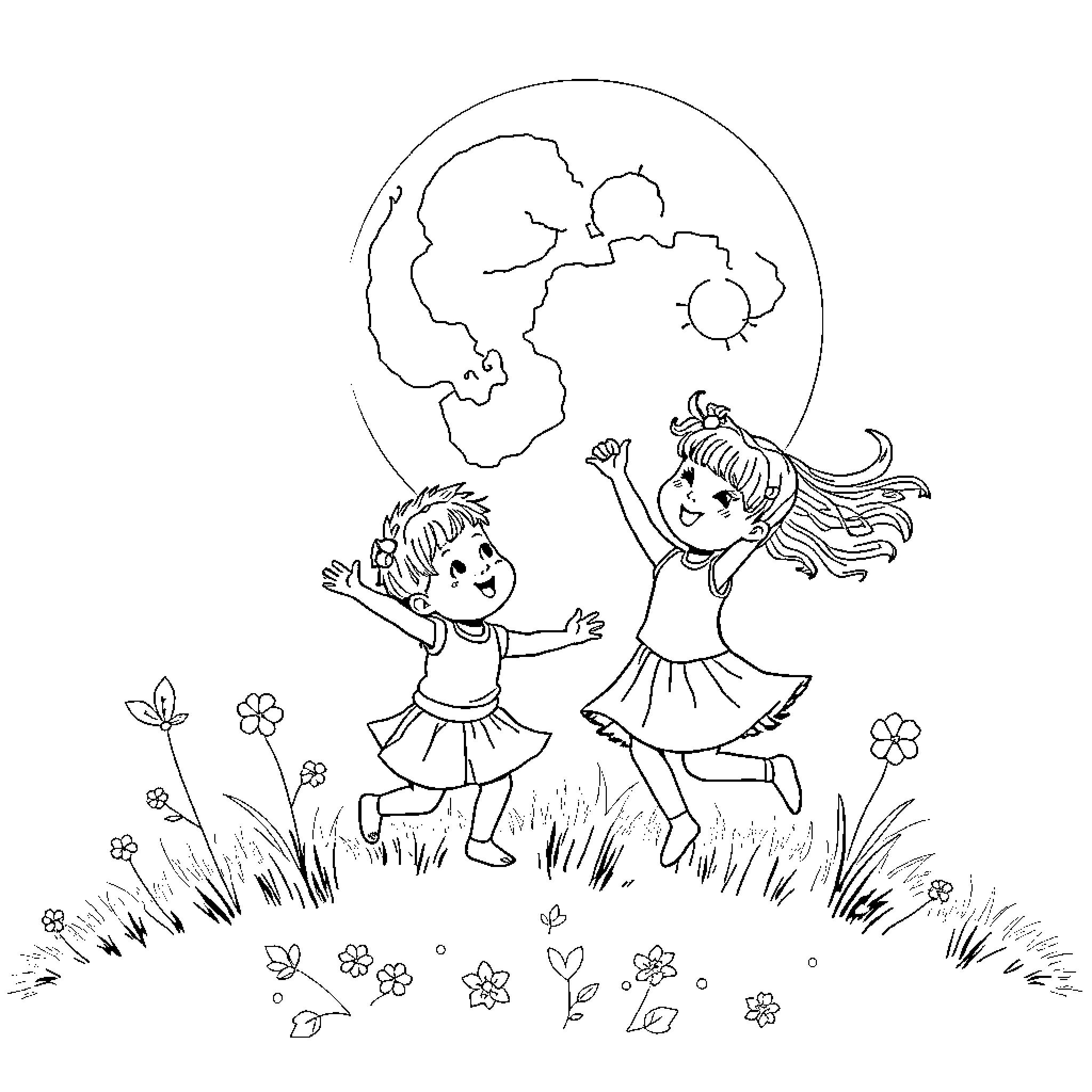 Child dancing joyfully with friend in field Coloring Page (free black-and-white line drawing printable PDF for all, from beginners to advanced learners, including children, teens, adults, and seniors)