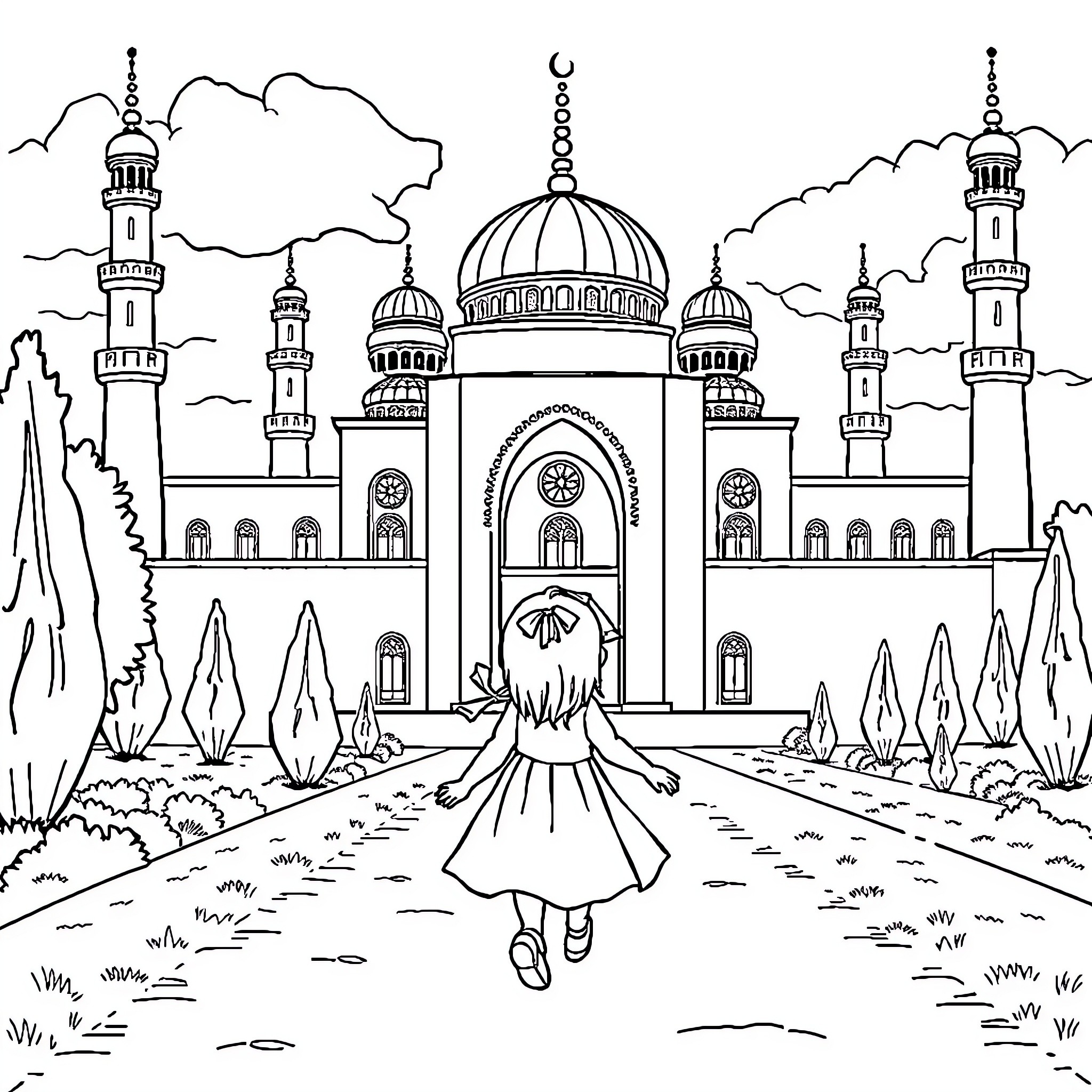Girl explores grand Islamic architecture in a scenic landscape Coloring Page (free black-and-white line drawing printable PDF for all, from beginners to advanced learners, including children, teens, adults, and seniors)