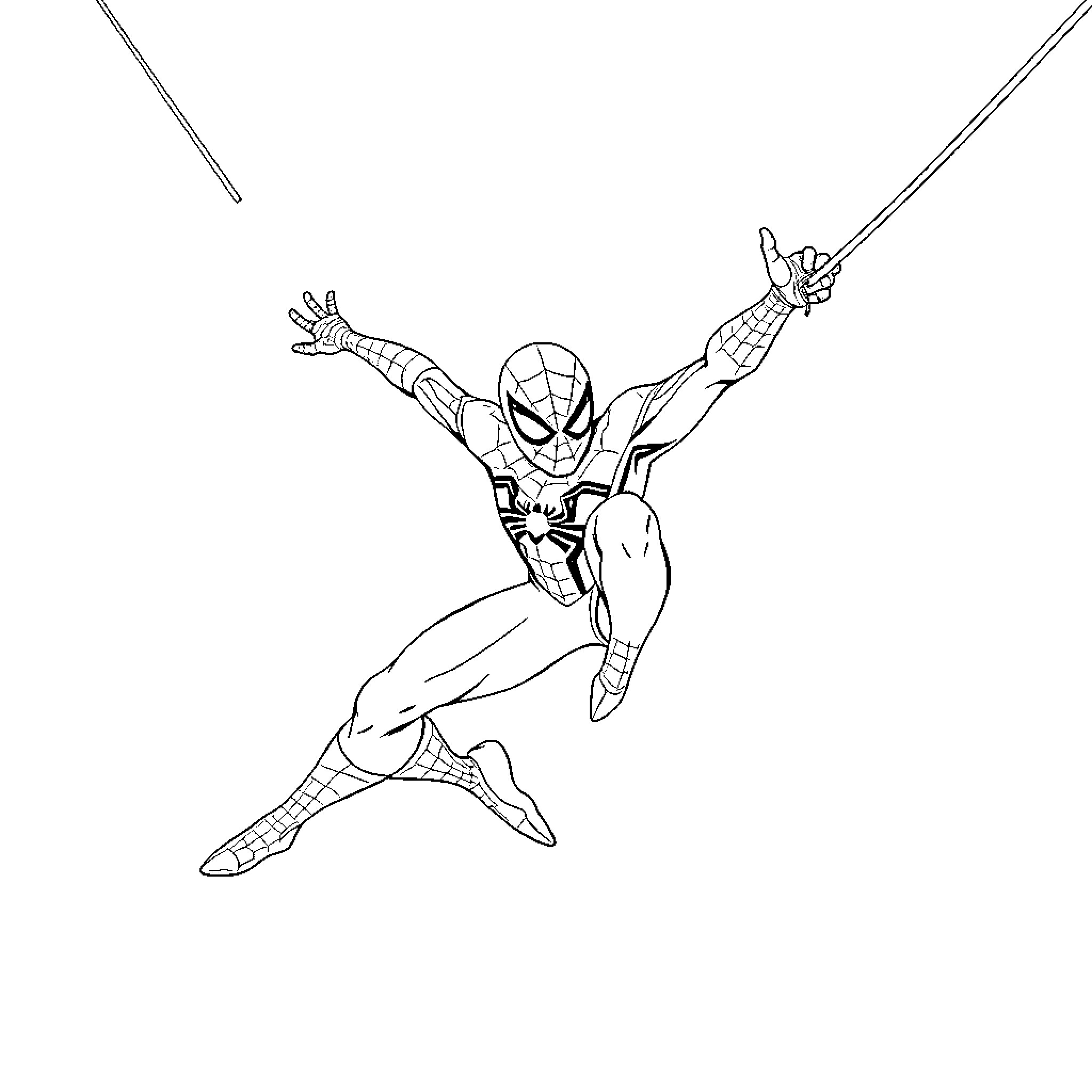 Spider-Man swinging through the city with action Coloring Page (free black-and-white line drawing printable PDF for all, from beginners to advanced learners, including children, teens, adults, and seniors)