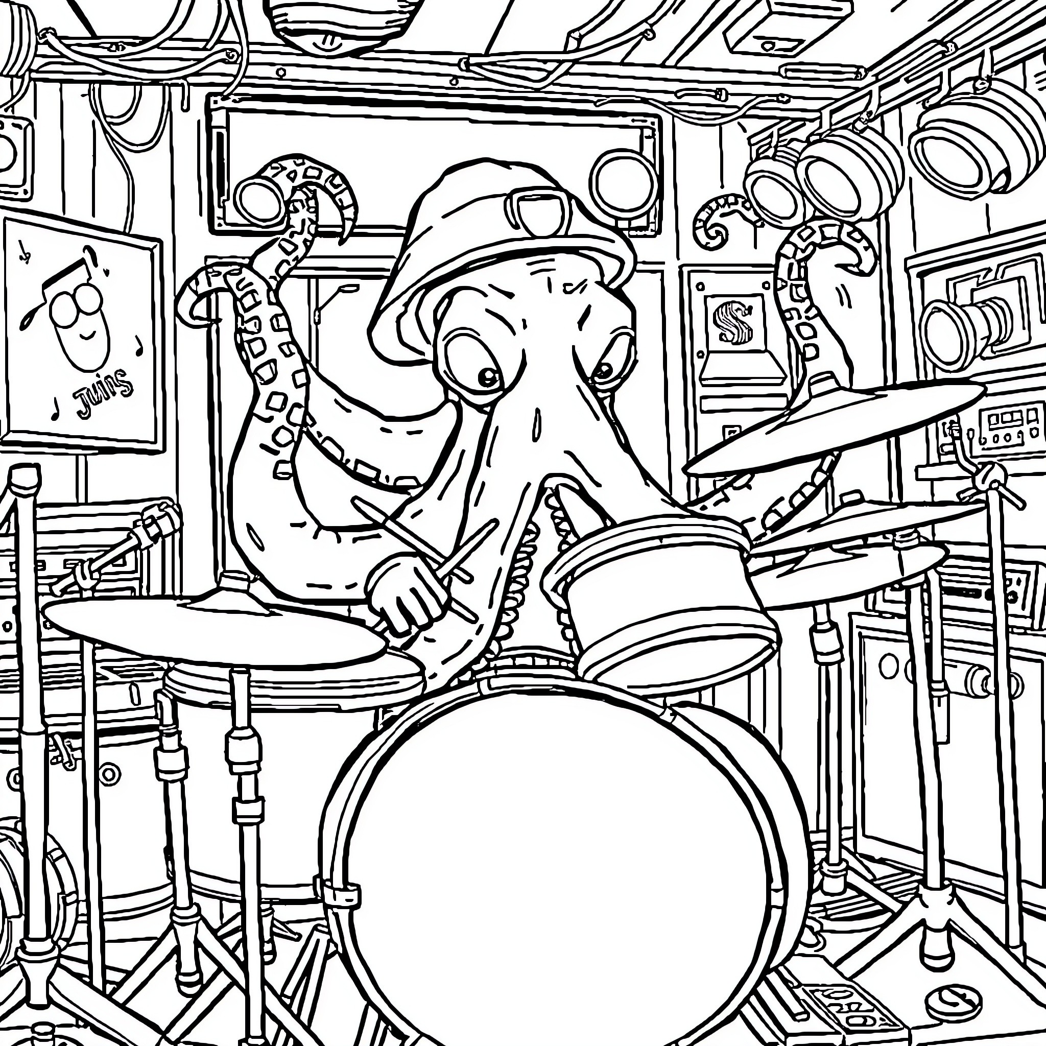 Doctor Octopus Rocks the Drum Set in Whimsical Workshop Coloring Page (free black-and-white line drawing printable PDF for all, from beginners to advanced learners, including children, teens, adults, and seniors)
