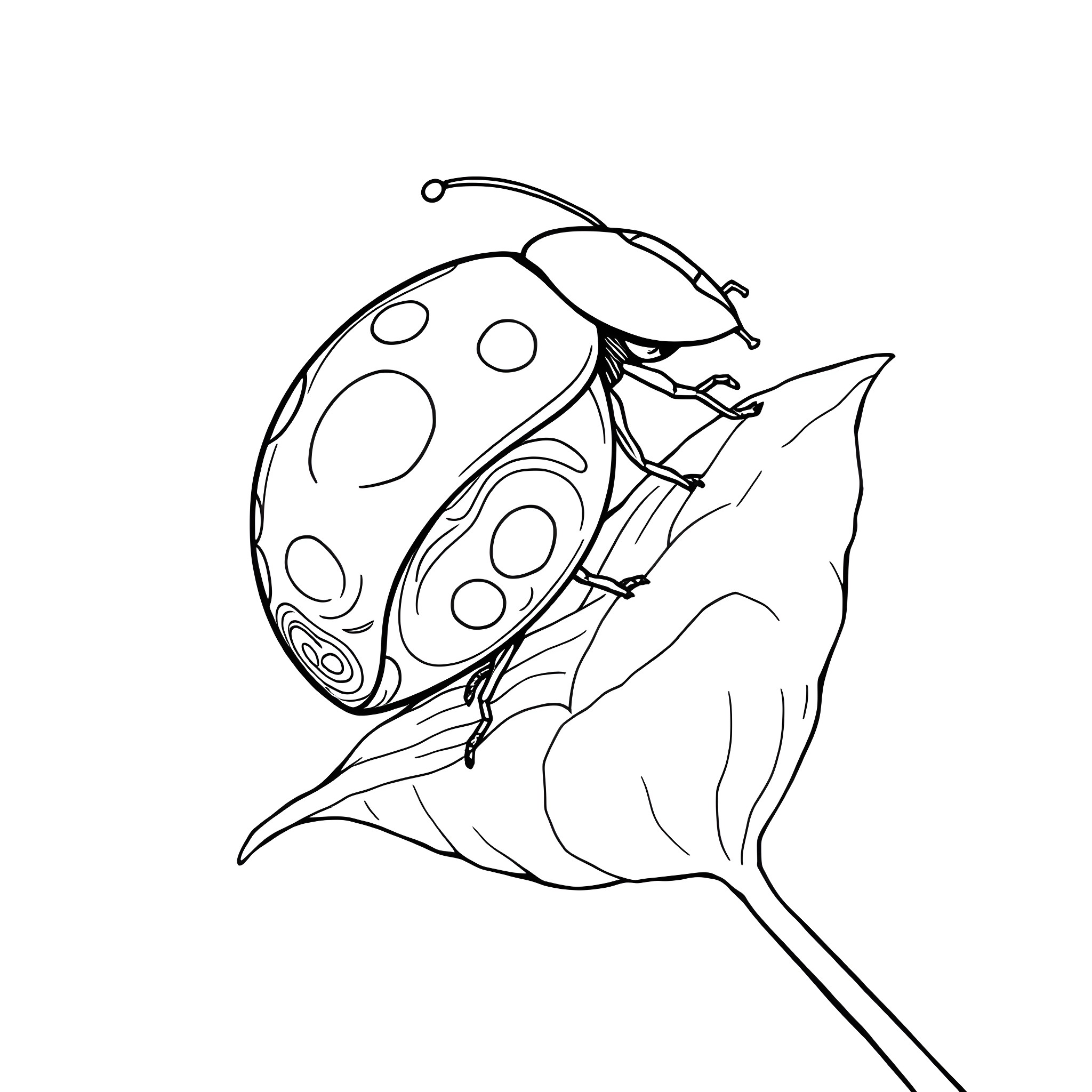 Ladybug resting calmly on a leaf Coloring Page (free black-and-white line drawing printable PDF for all, from beginners to advanced learners, including children, teens, adults, and seniors)