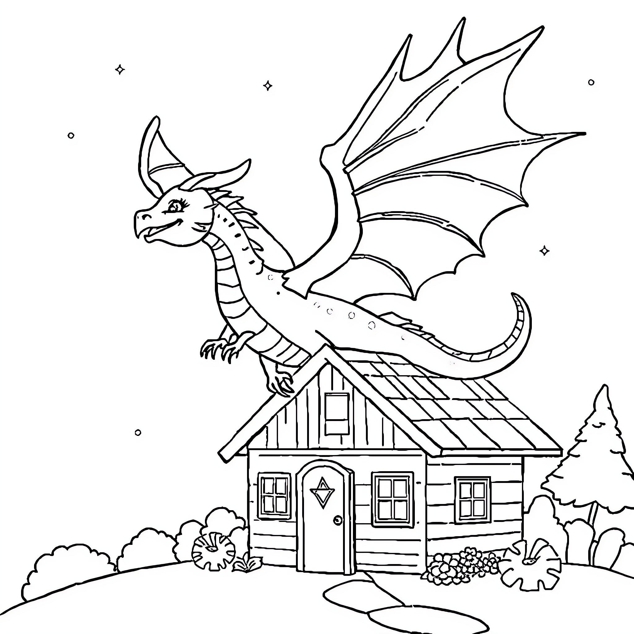 Dragon guarding a quaint cottage in the forest Coloring Page (free black-and-white line drawing printable PDF for all, from beginners to advanced learners, including children, teens, adults, and seniors)