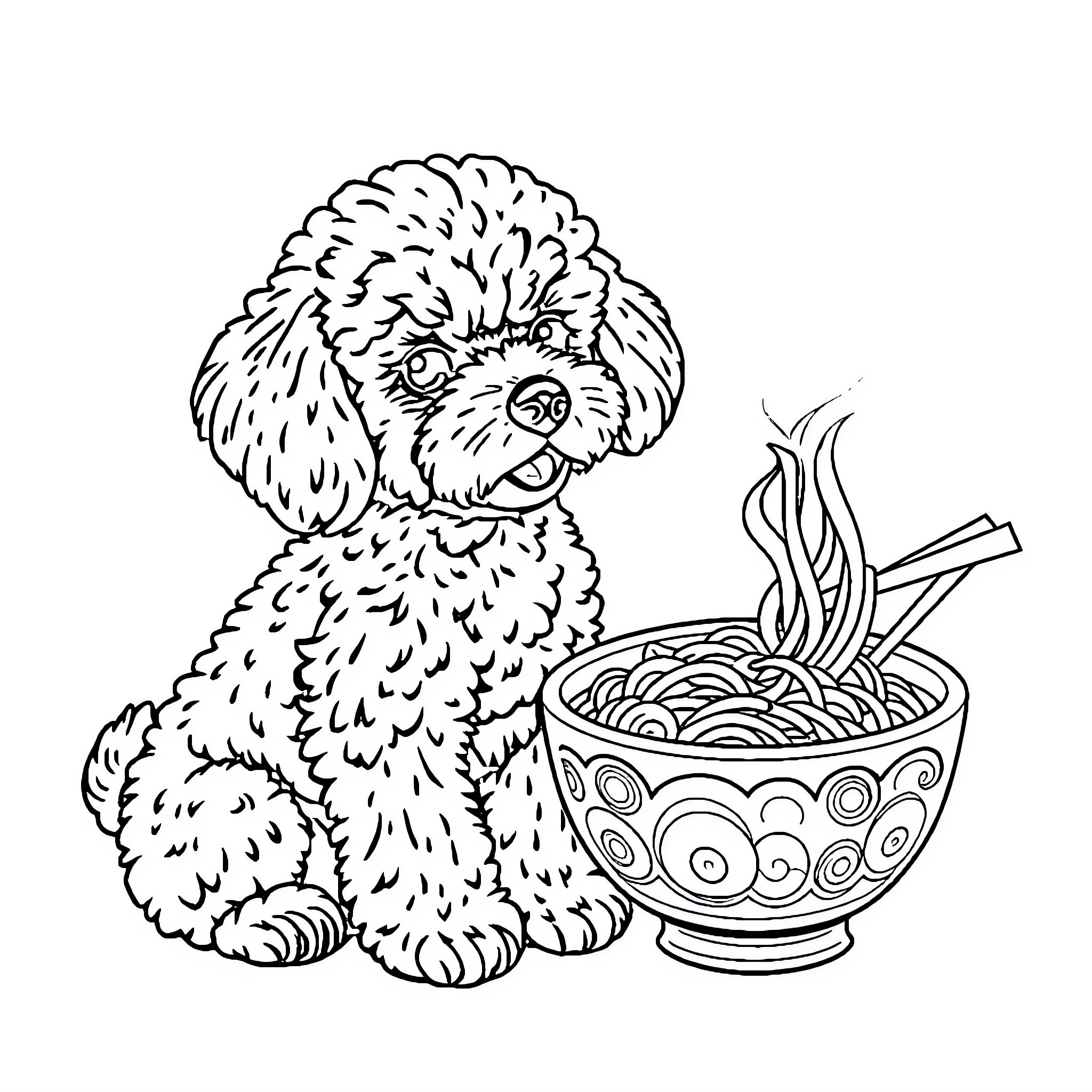 Poodle enjoying a bowl of noodles Coloring Page (free black-and-white line drawing printable PDF for all, from beginners to advanced learners, including children, teens, adults, and seniors)