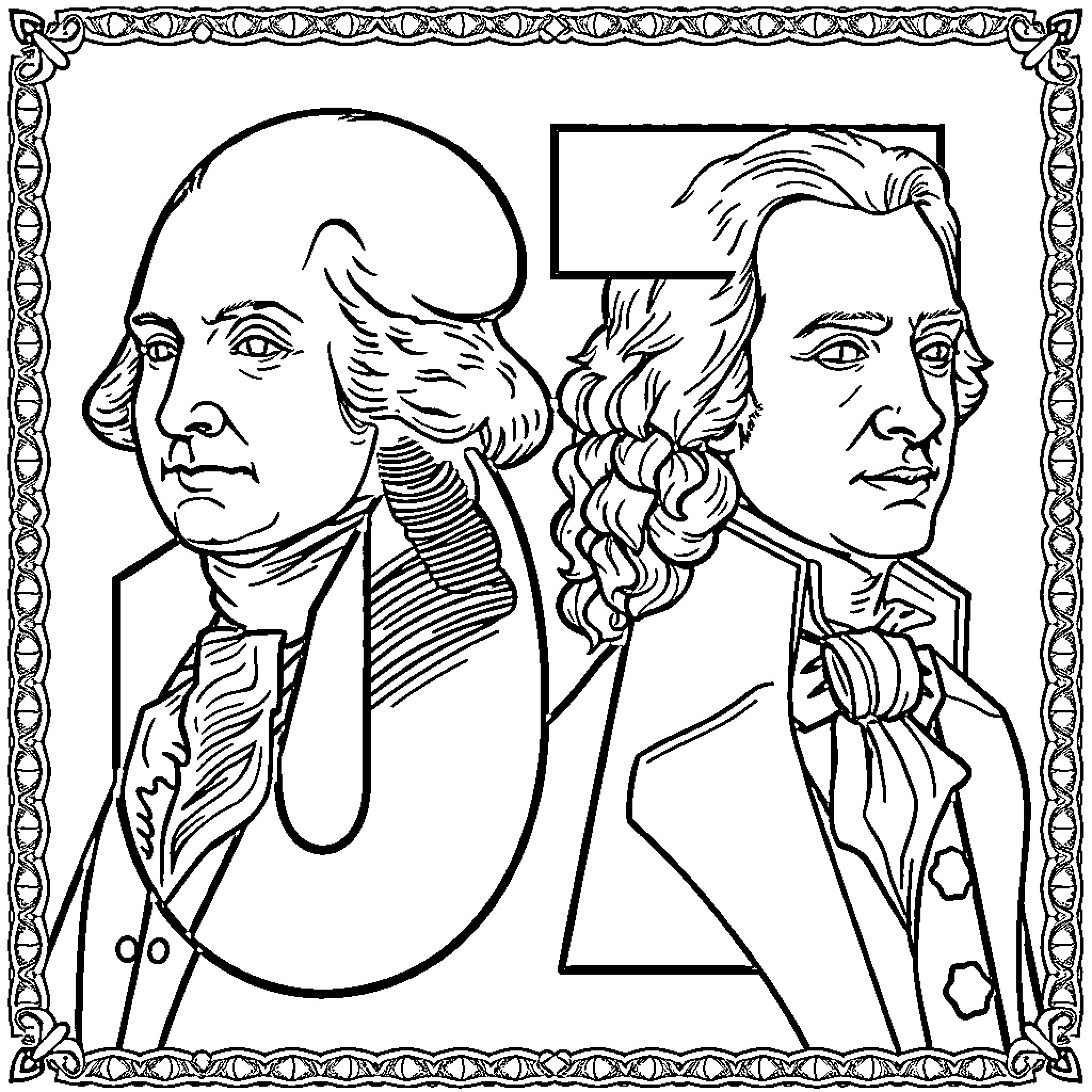 Number Two Iconic Historical Figures Coloring Page (free black-and-white line drawing printable PDF for all, from beginners to advanced learners, including children, teens, adults, and seniors)