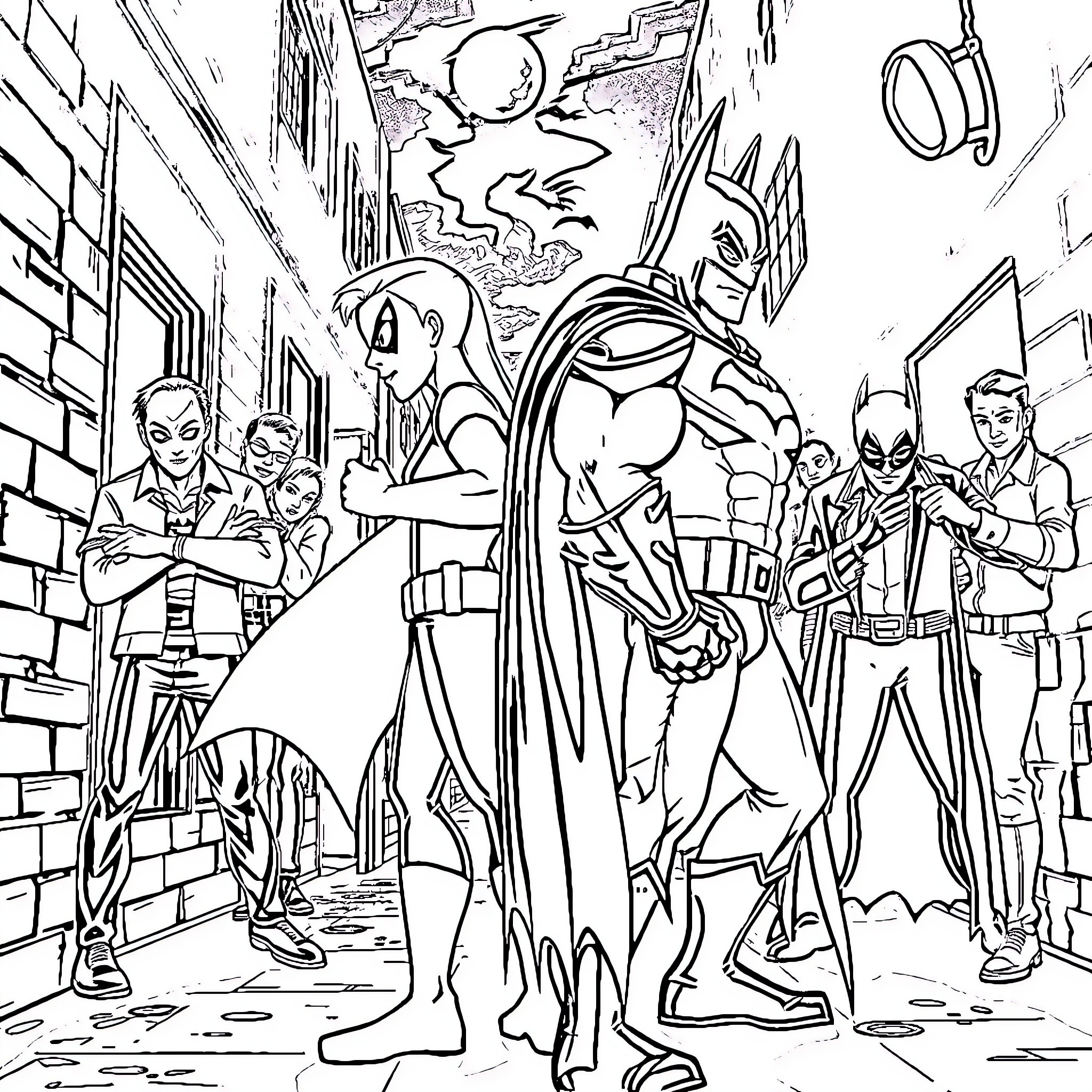 Danny Phantom Battling Villains in the City Coloring Page (free black-and-white line drawing printable PDF for all, from beginners to advanced learners, including children, teens, adults, and seniors)