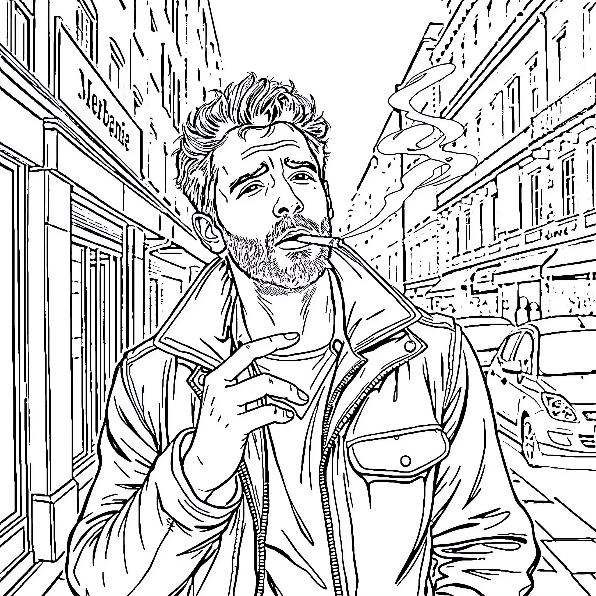 Jul thoughtful man in city street Coloring Page (free black-and-white line drawing printable PDF for all, from beginners to advanced learners, including children, teens, adults, and seniors)