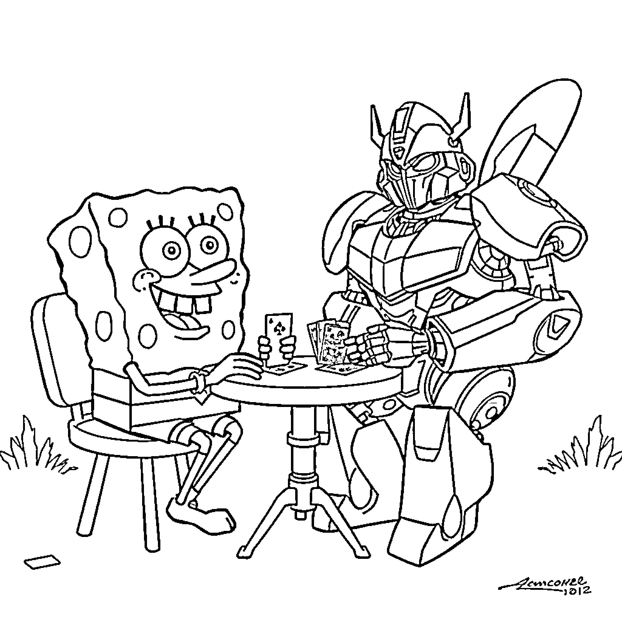 Spongebob and Transformers Robot Enjoying Picnic Coloring Page (free black-and-white line drawing printable PDF for all, from beginners to advanced learners, including children, teens, adults, and seniors)