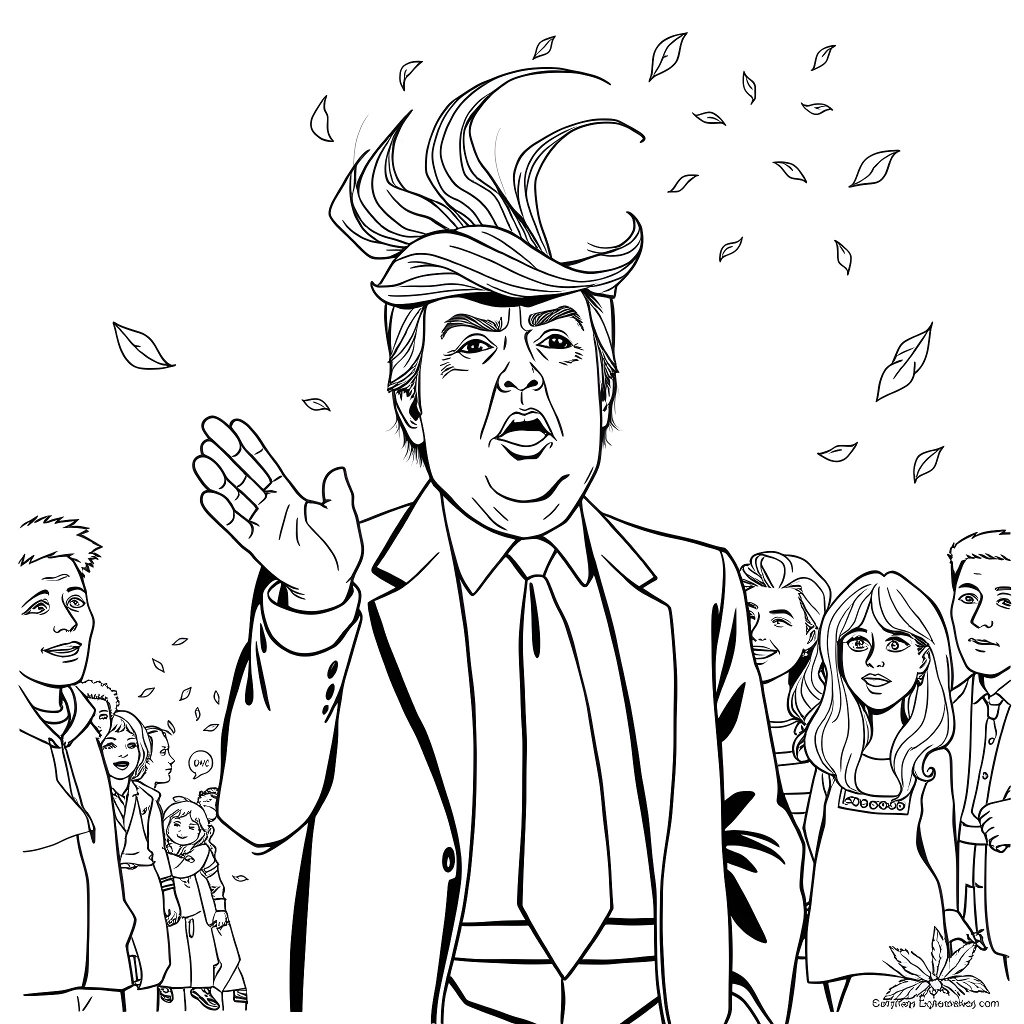 Donald Trump and his supporters in a political rally Coloring Page (free black-and-white line drawing printable PDF for all, from beginners to advanced learners, including children, teens, adults, and seniors)