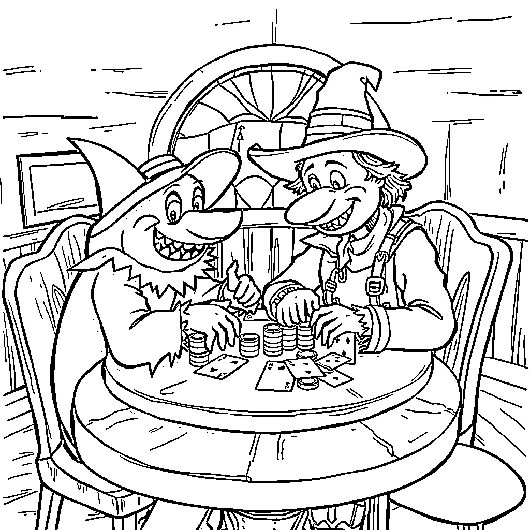 SJ Sharkie's Friendly Tavern Adventure Coloring Page (free black-and-white line drawing printable PDF for all, from beginners to advanced learners, including children, teens, adults, and seniors)