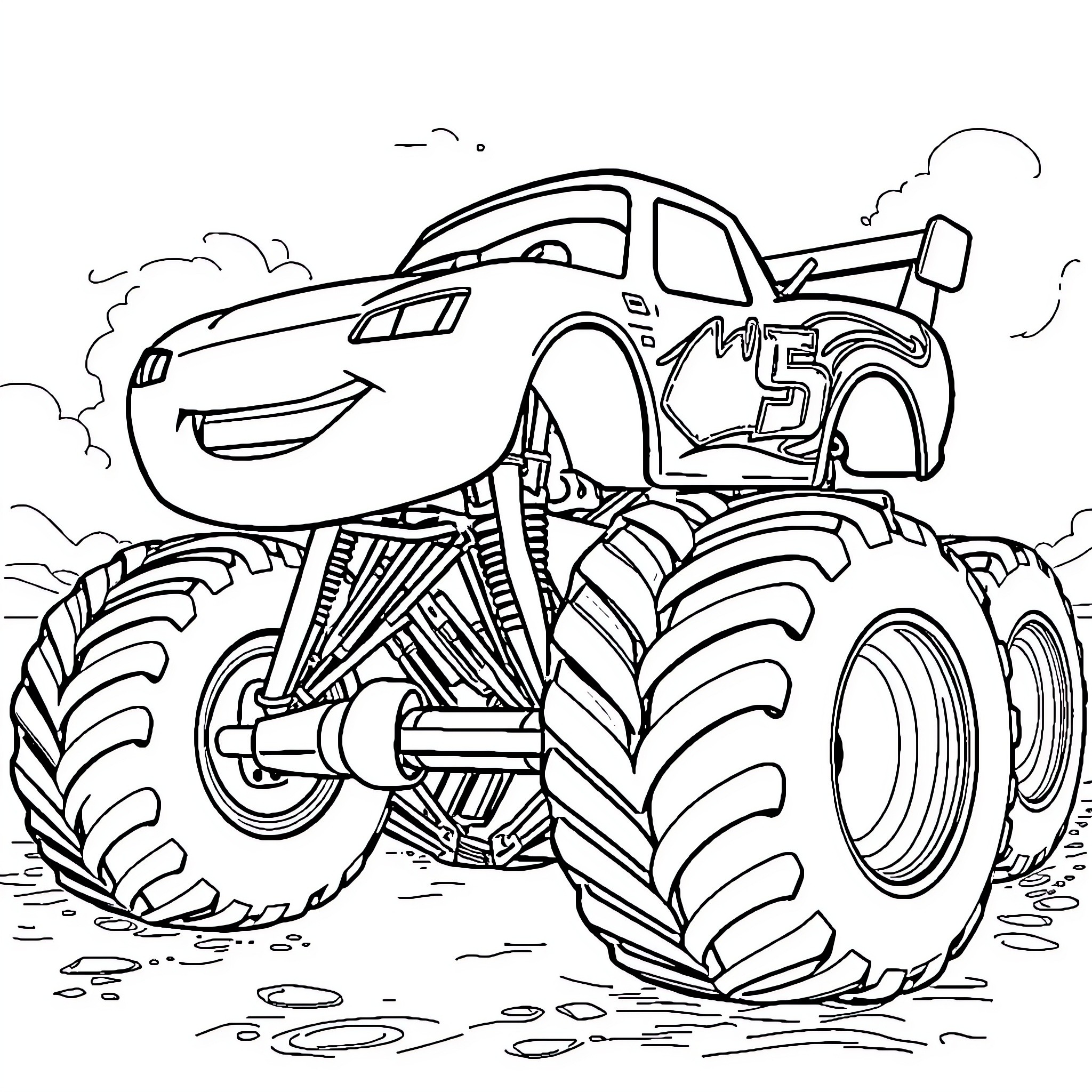 Monster Truck Races Through Mud and Smoke Coloring Page (free black-and-white line drawing printable PDF for all, from beginners to advanced learners, including children, teens, adults, and seniors)