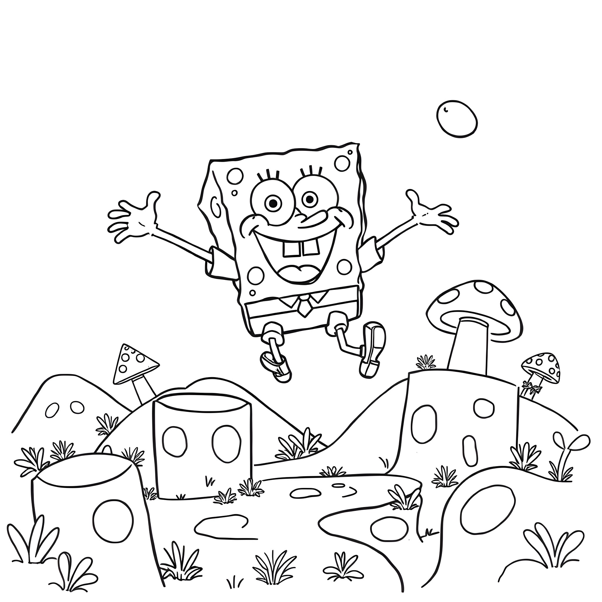 Spongebob joyfully jumping in the Bikini Bottom landscape Coloring Page (free black-and-white line drawing printable PDF for all, from beginners to advanced learners, including children, teens, adults, and seniors)