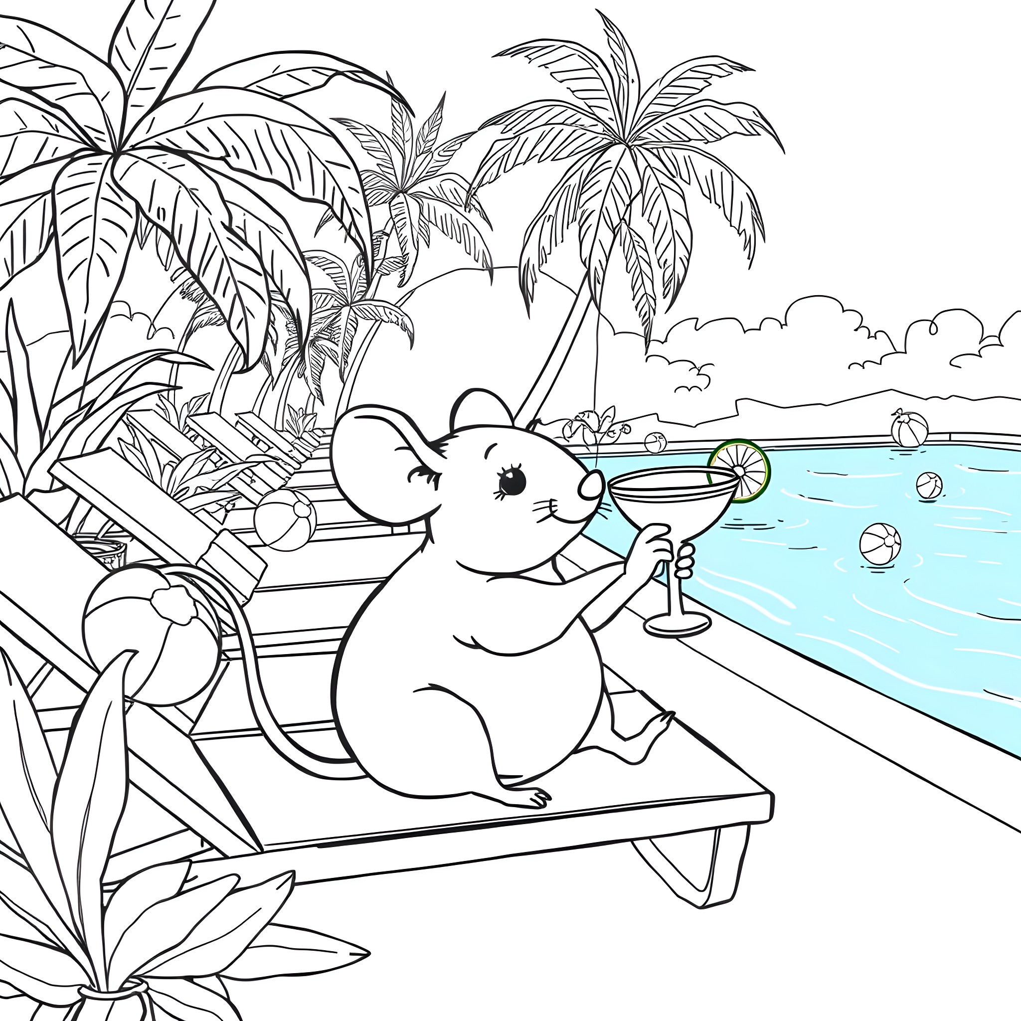 Mouse relaxing on a beach chair with a cocktail Coloring Page (free black-and-white line drawing printable PDF for all, from beginners to advanced learners, including children, teens, adults, and seniors)