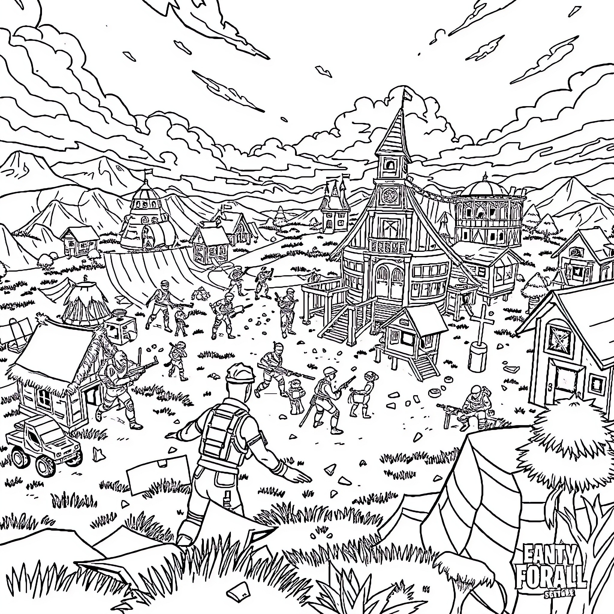 Fortnite characters in a diverse outdoor setting Coloring Page (free black-and-white line drawing printable PDF for all, from beginners to advanced learners, including children, teens, adults, and seniors)