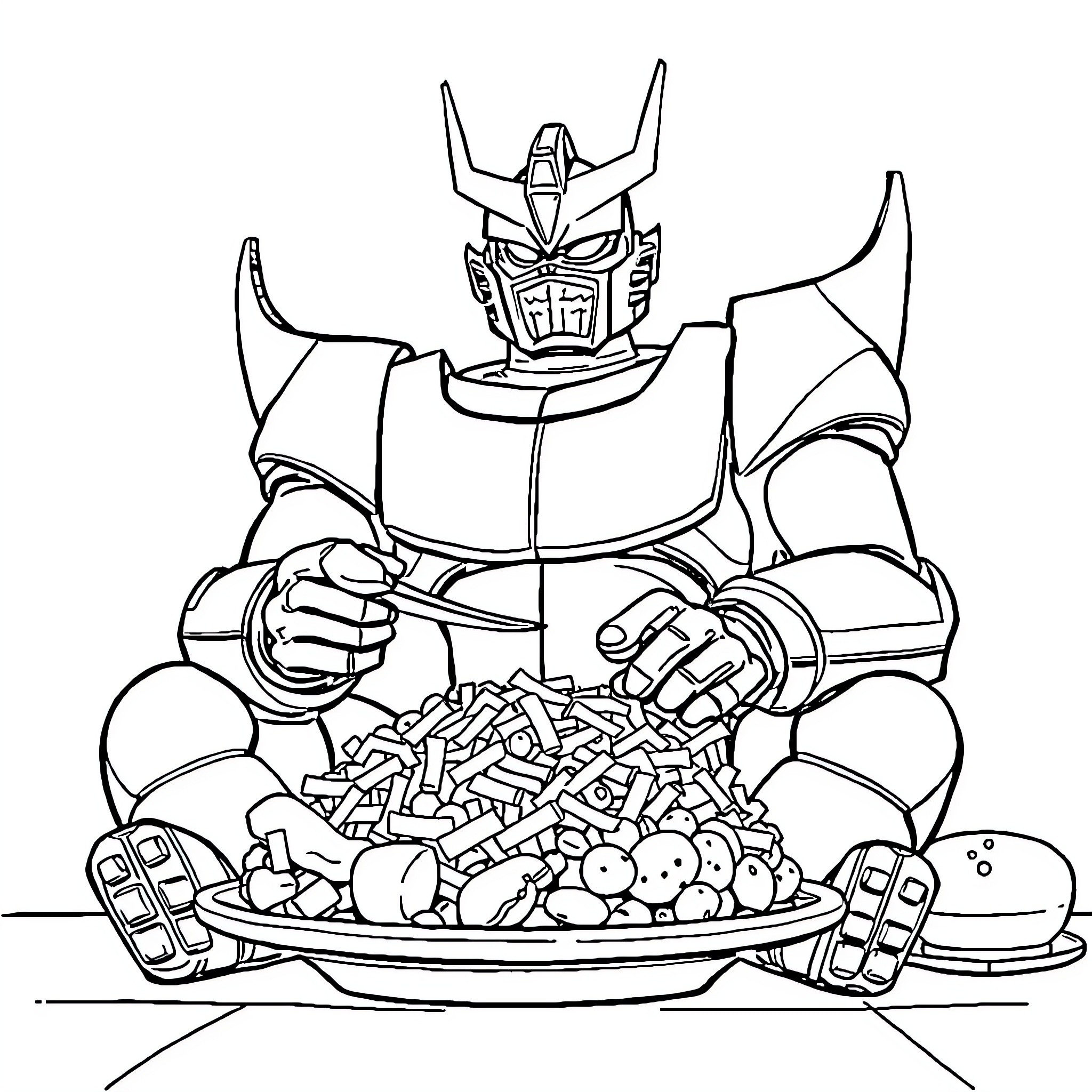 Mazinger Z enjoying a hearty meal Coloring Page (free black-and-white line drawing printable PDF for all, from beginners to advanced learners, including children, teens, adults, and seniors)