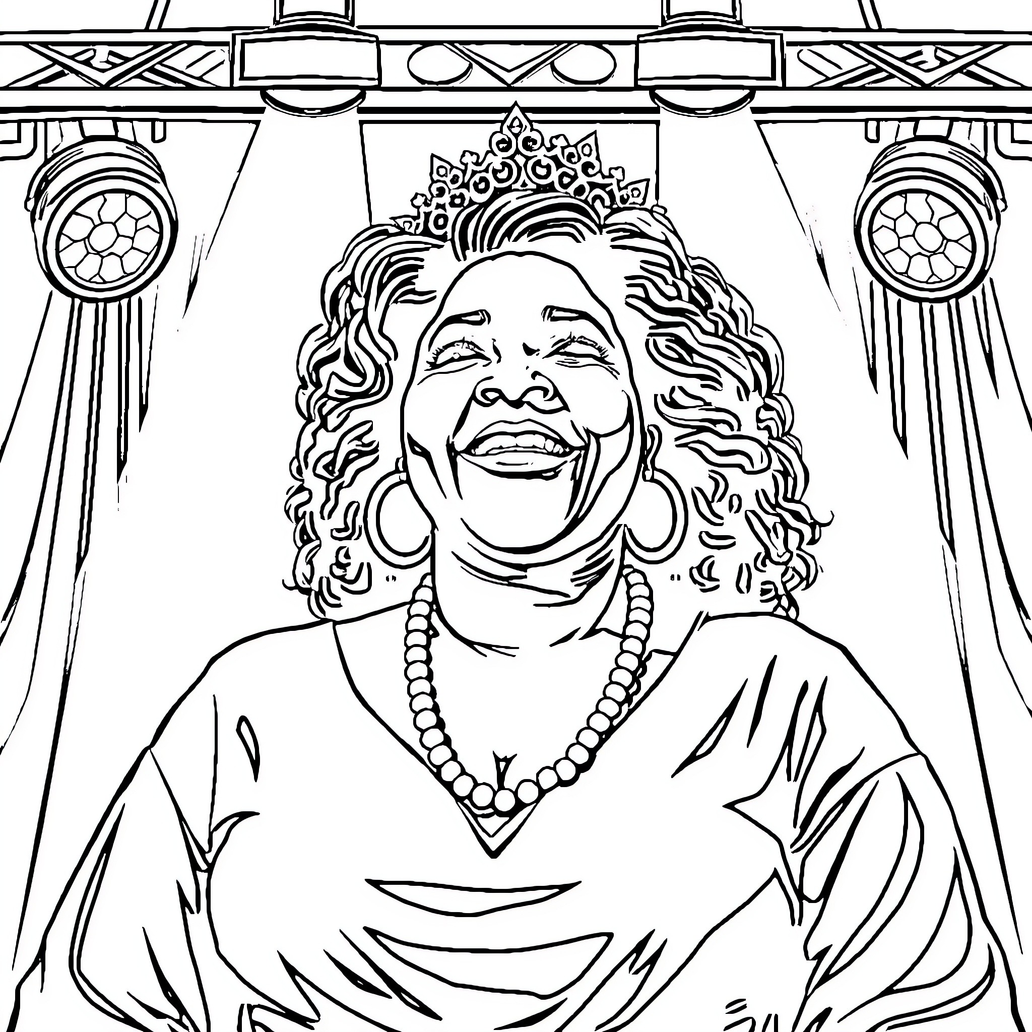Queen Latifah in a joyful and regal pose Coloring Page (free black-and-white line drawing printable PDF for all, from beginners to advanced learners, including children, teens, adults, and seniors)