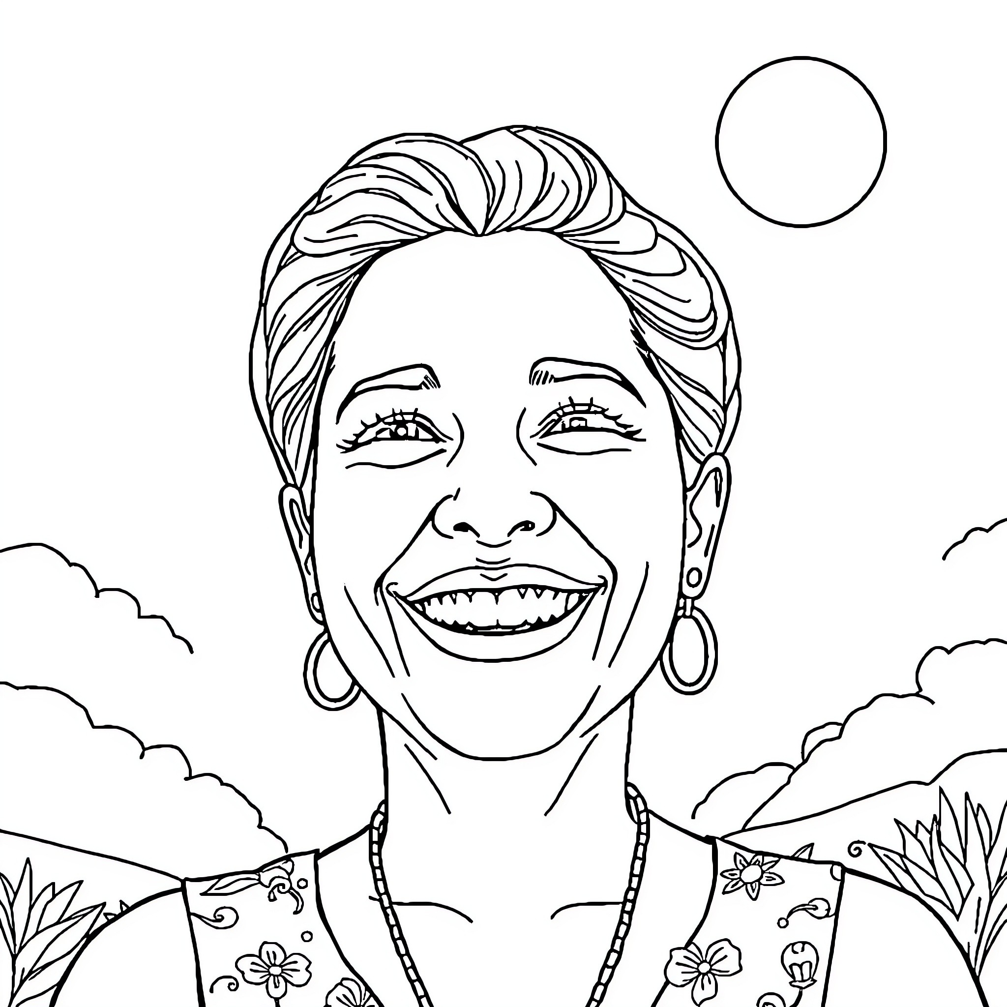 Arita Naranjo Viteri's joyful expression in natural setting Coloring Page (free black-and-white line drawing printable PDF for all, from beginners to advanced learners, including children, teens, adults, and seniors)