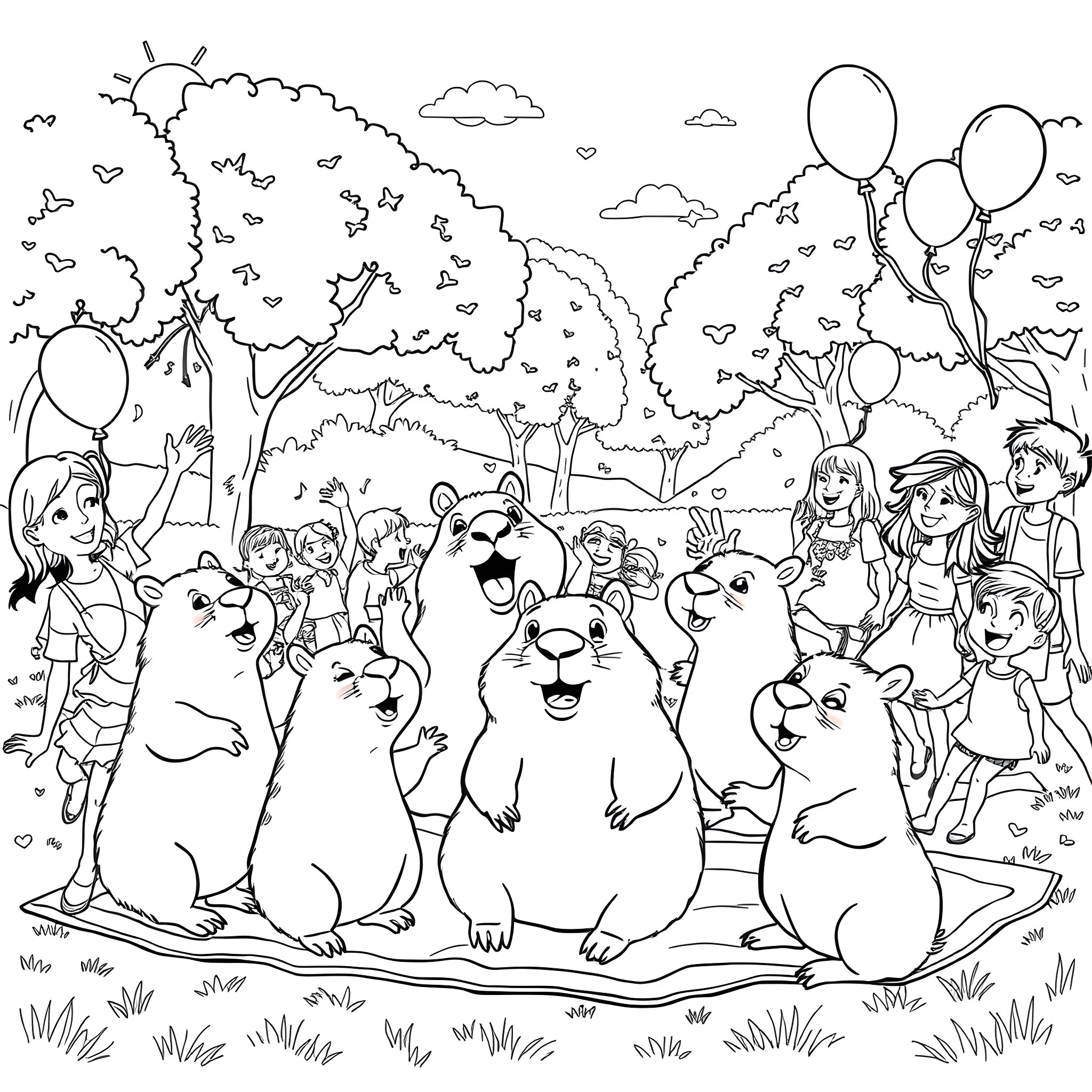 Capybara family playing joyfully in the park Coloring Page (free black-and-white line drawing printable PDF for all, from beginners to advanced learners, including children, teens, adults, and seniors)