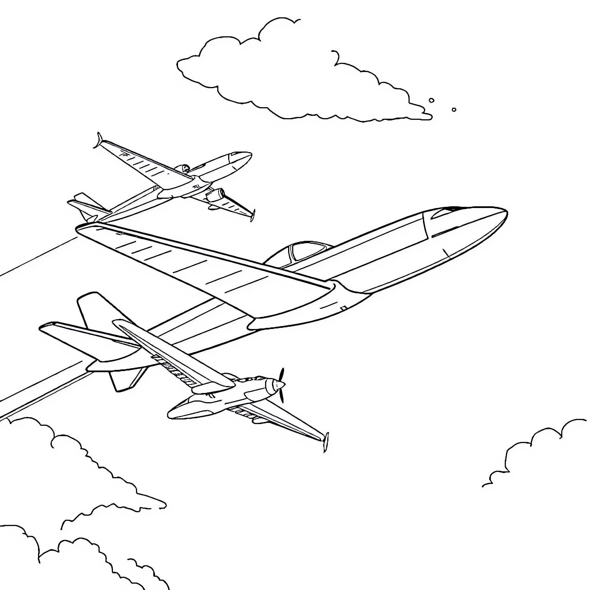 Plane soaring through the cloudy skies Coloring Page (free black-and-white line drawing printable PDF for all, from beginners to advanced learners, including children, teens, adults, and seniors)