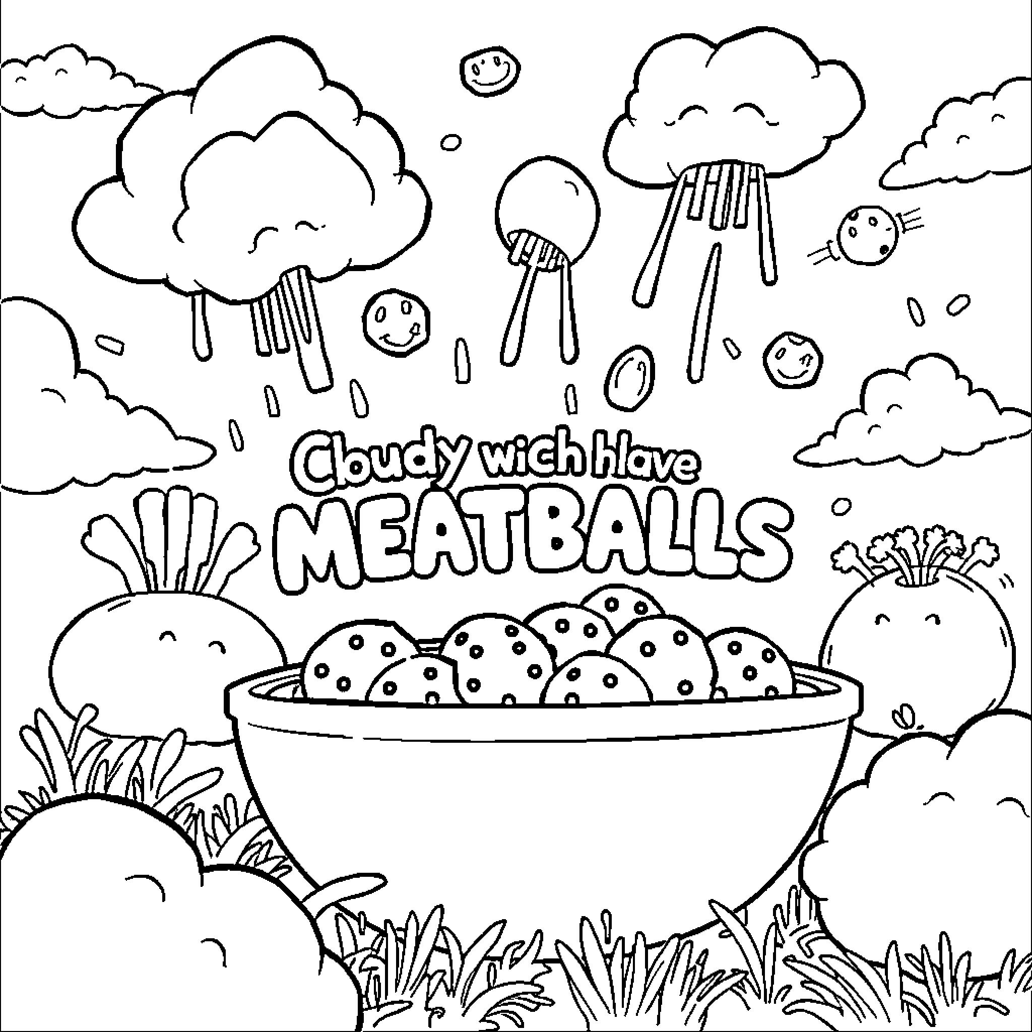 Cloudy with a Chance of Meatballs: Raining Meatballs and Smiling Faces Coloring Page (free black-and-white line drawing printable PDF for all, from beginners to advanced learners, including children, teens, adults, and seniors)