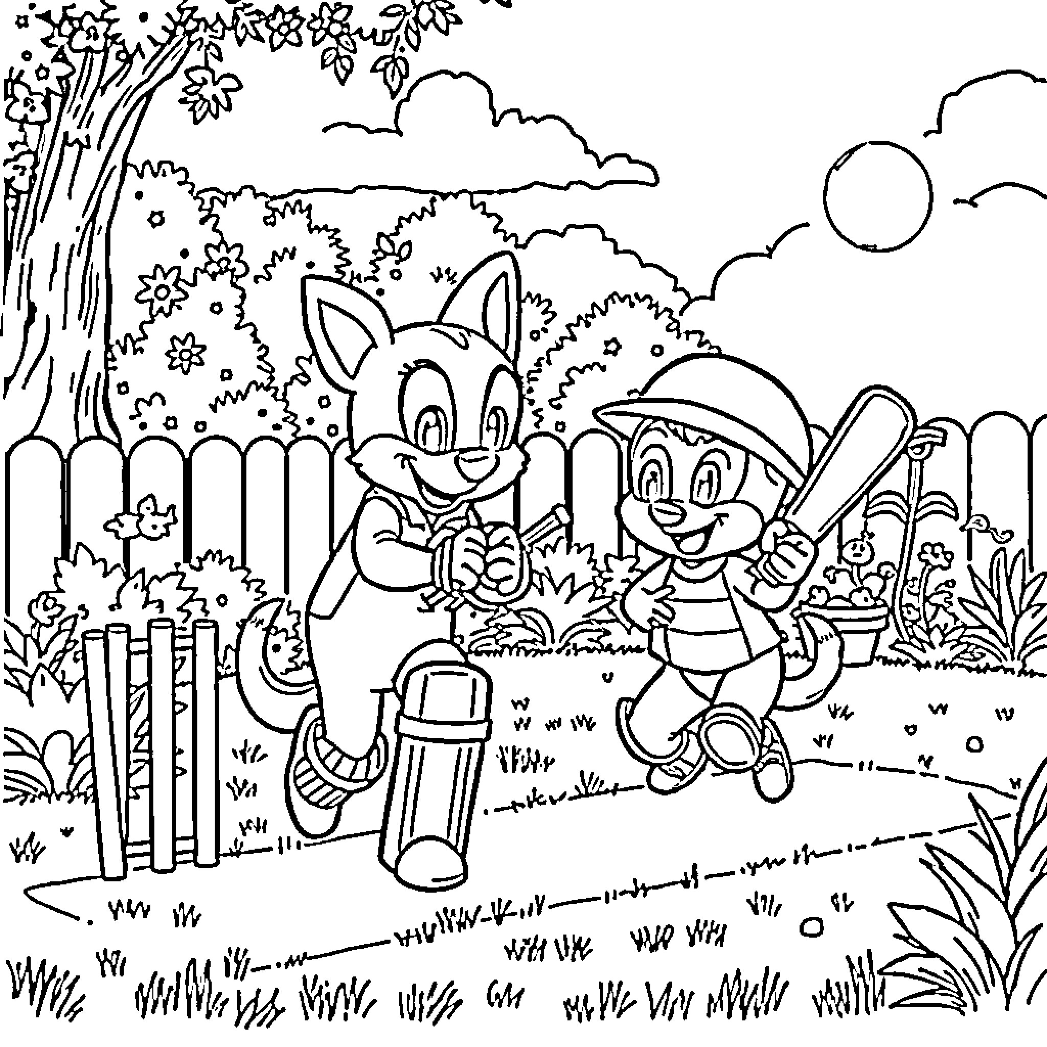 Bluey and Bingo's Outdoor Adventure Coloring Page (free black-and-white line drawing printable PDF for all, from beginners to advanced learners, including children, teens, adults, and seniors)