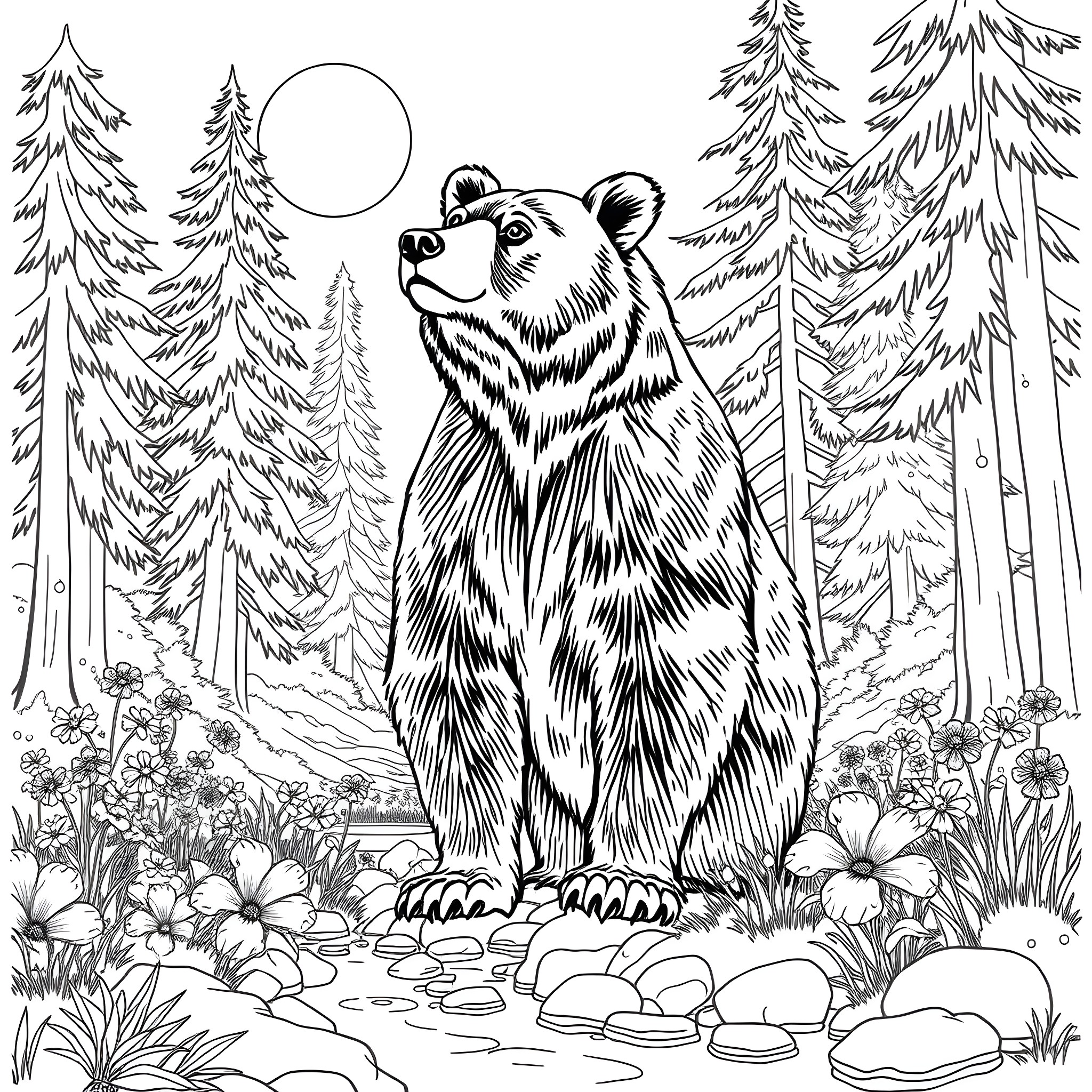 Bear amidst scenic forest landscape Coloring Page (free black-and-white line drawing printable PDF for all, from beginners to advanced learners, including children, teens, adults, and seniors)