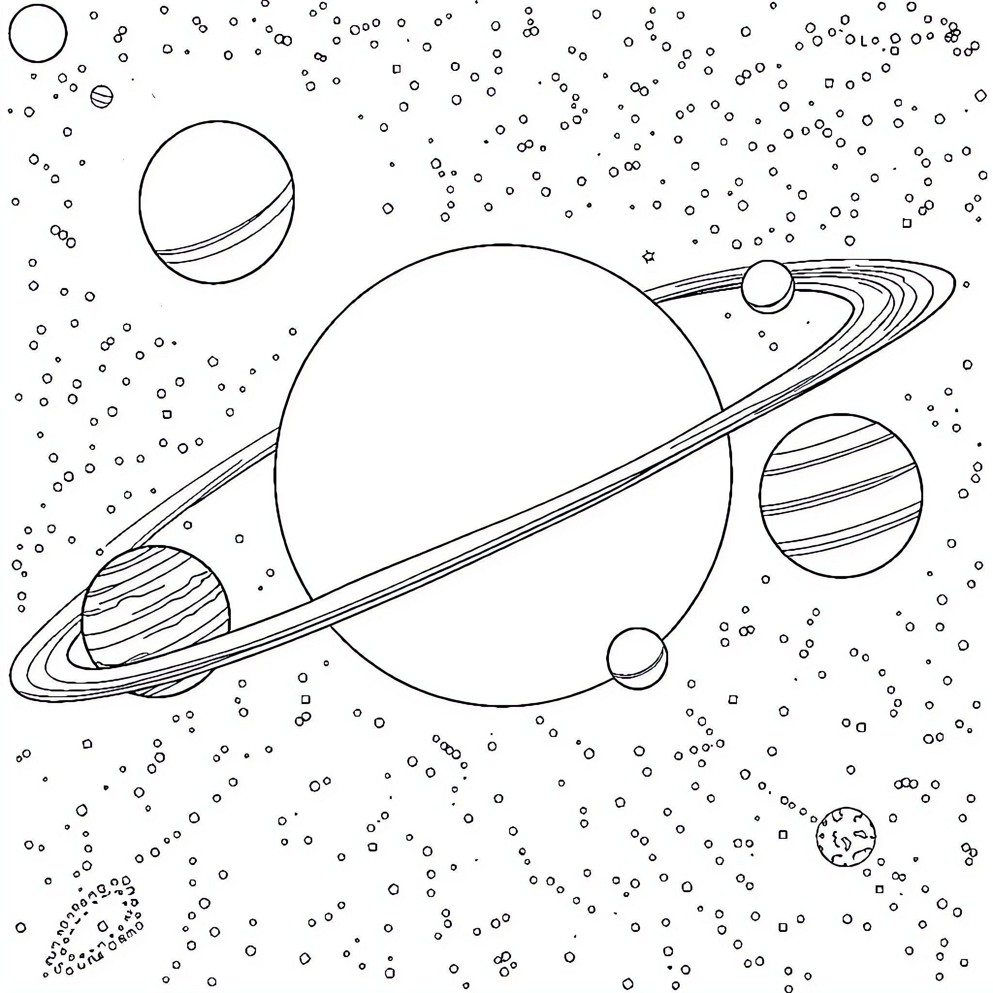Solar System with Planets and Stars Coloring Page (free black-and-white line drawing printable PDF for all, from beginners to advanced learners, including children, teens, adults, and seniors)
