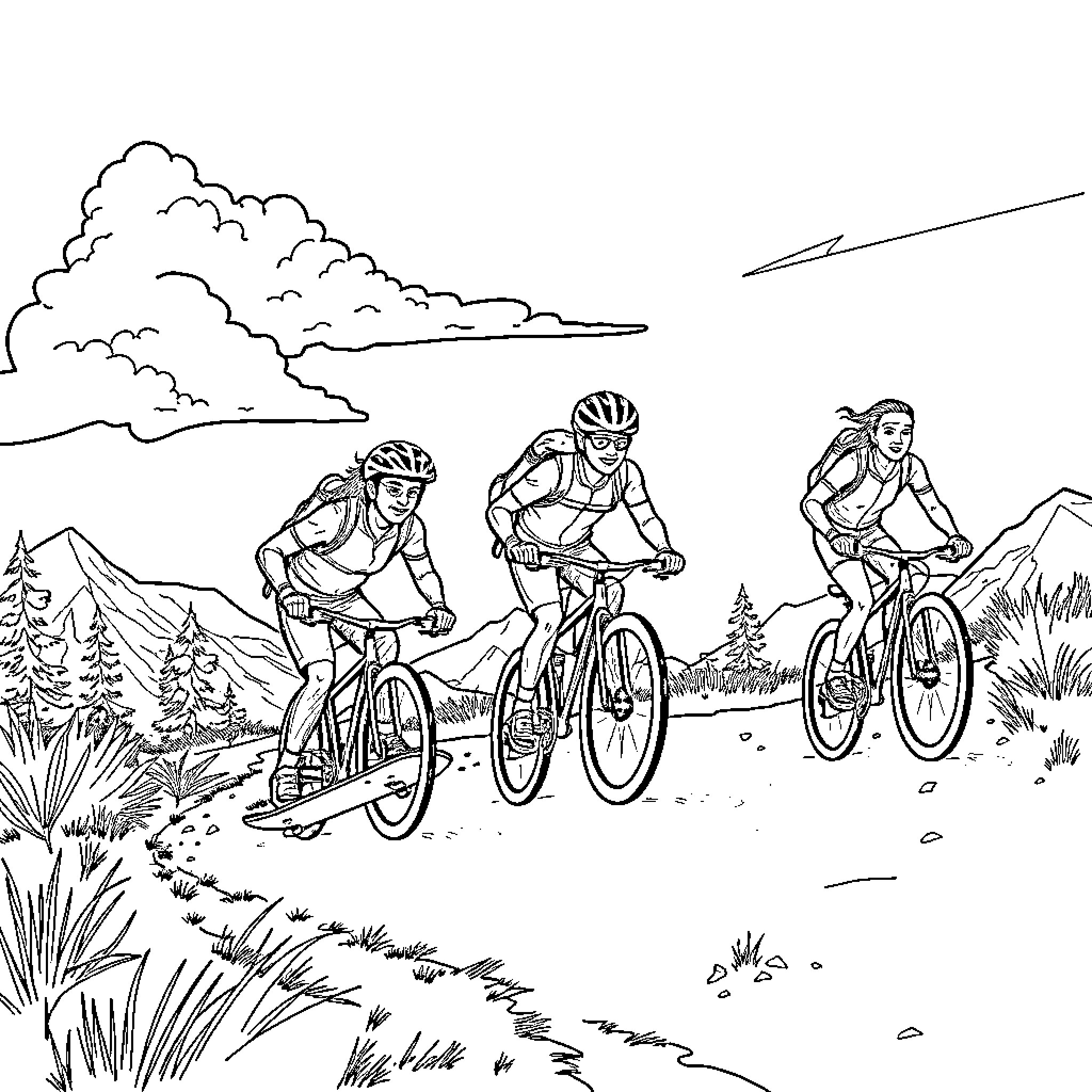 Enthusiastic cyclists racing through scenic mountain landscape Coloring Page (free black-and-white line drawing printable PDF for all, from beginners to advanced learners, including children, teens, adults, and seniors)
