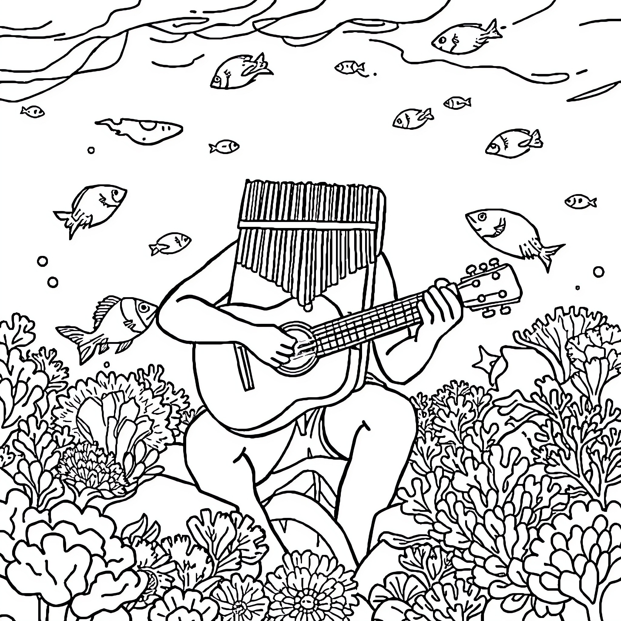 Kalimba player surrounded by marine life Coloring Page (free black-and-white line drawing printable PDF for all, from beginners to advanced learners, including children, teens, adults, and seniors)