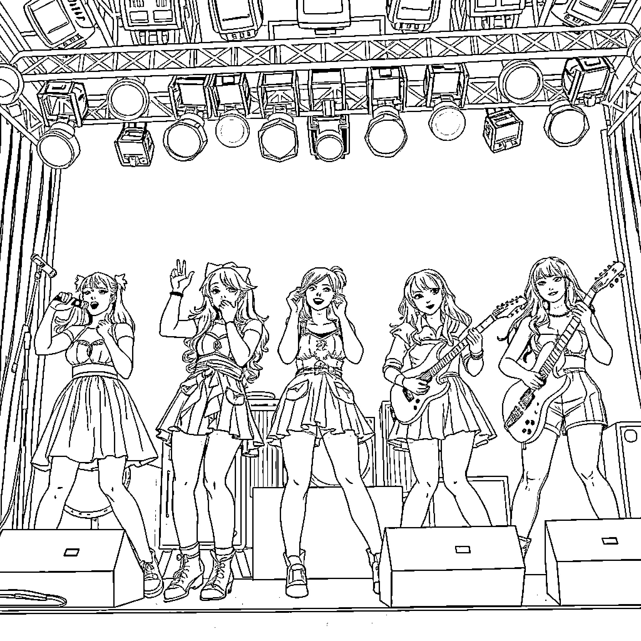 Kpop Girls Performing on Stage with Lively Expressions Coloring Page (free black-and-white line drawing printable PDF for all, from beginners to advanced learners, including children, teens, adults, and seniors)