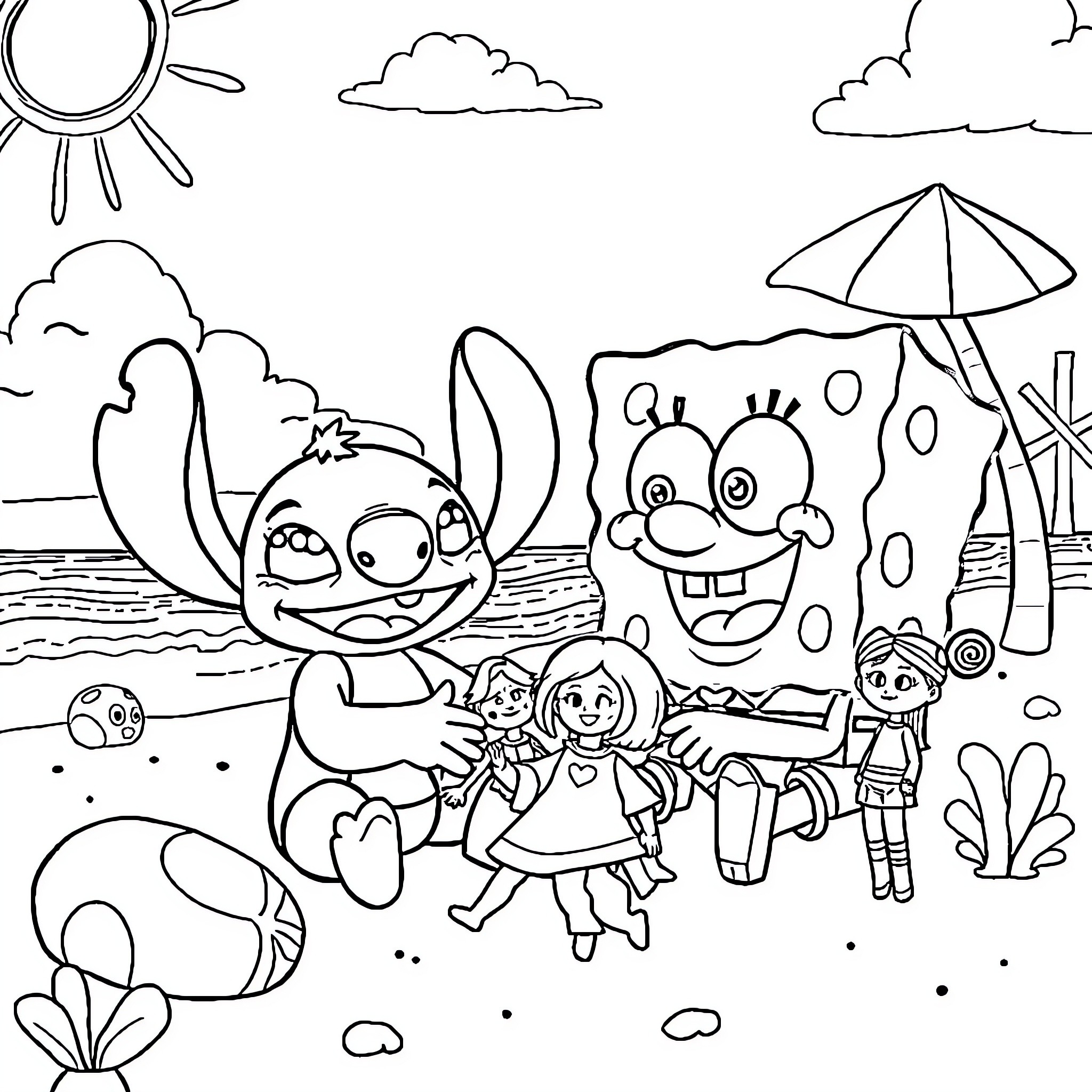 Stitch and friends enjoy a sunny day at the beach Coloring Page (free black-and-white line drawing printable PDF for all, from beginners to advanced learners, including children, teens, adults, and seniors)