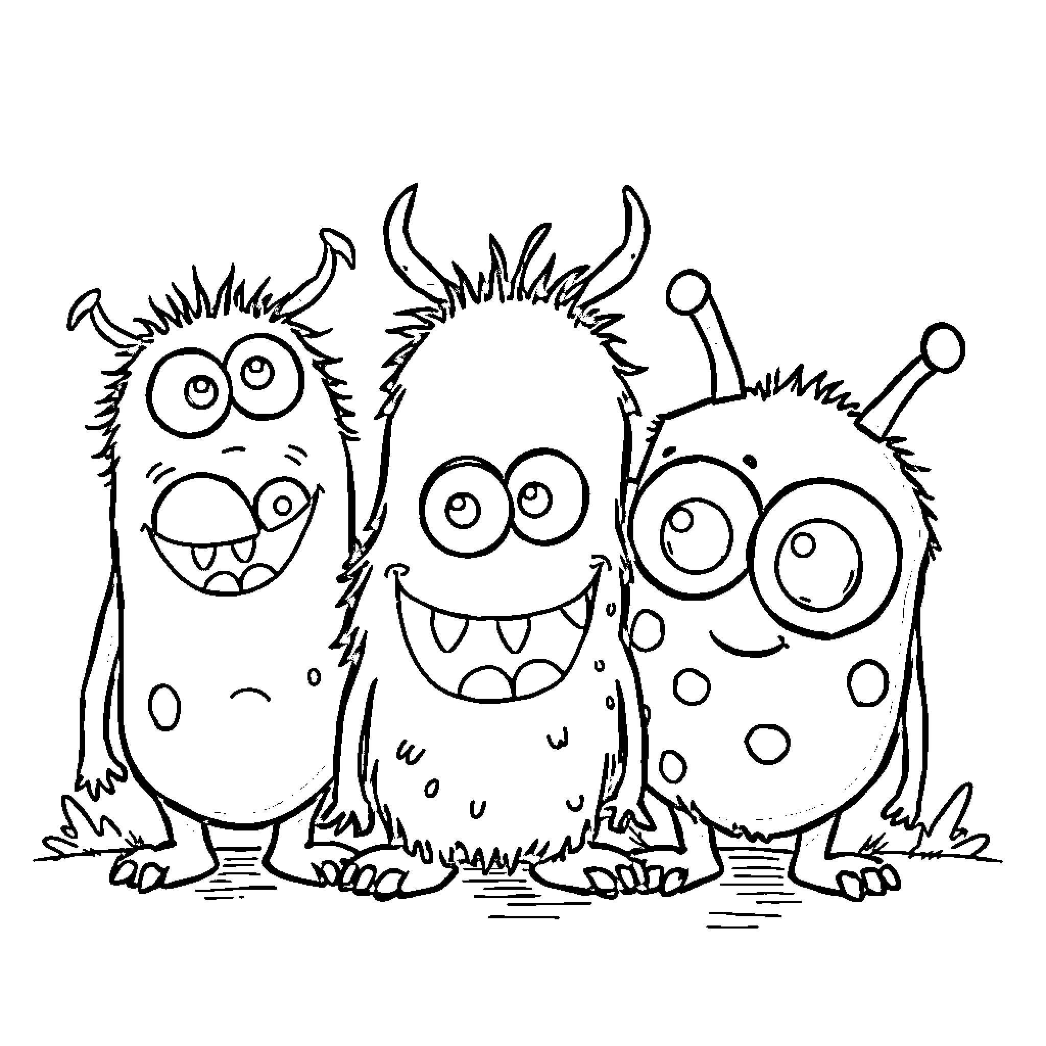 Monster friends having a silly expression Coloring Page (free black-and-white line drawing printable PDF for all, from beginners to advanced learners, including children, teens, adults, and seniors)