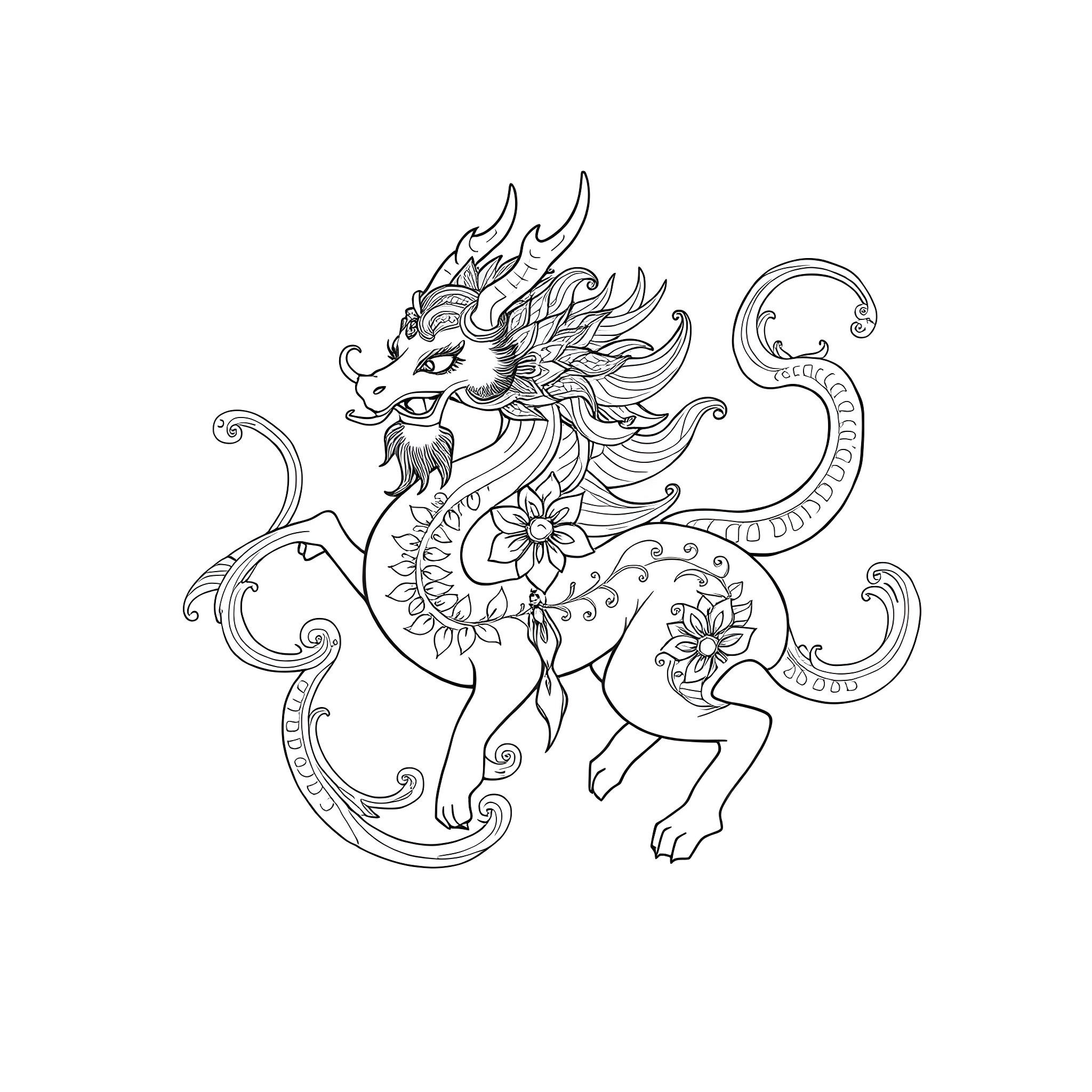 Mishipeshu - Mythical Dragon Creature in Intricate Floral Design Coloring Page (free black-and-white line drawing printable PDF for all, from beginners to advanced learners, including children, teens, adults, and seniors)