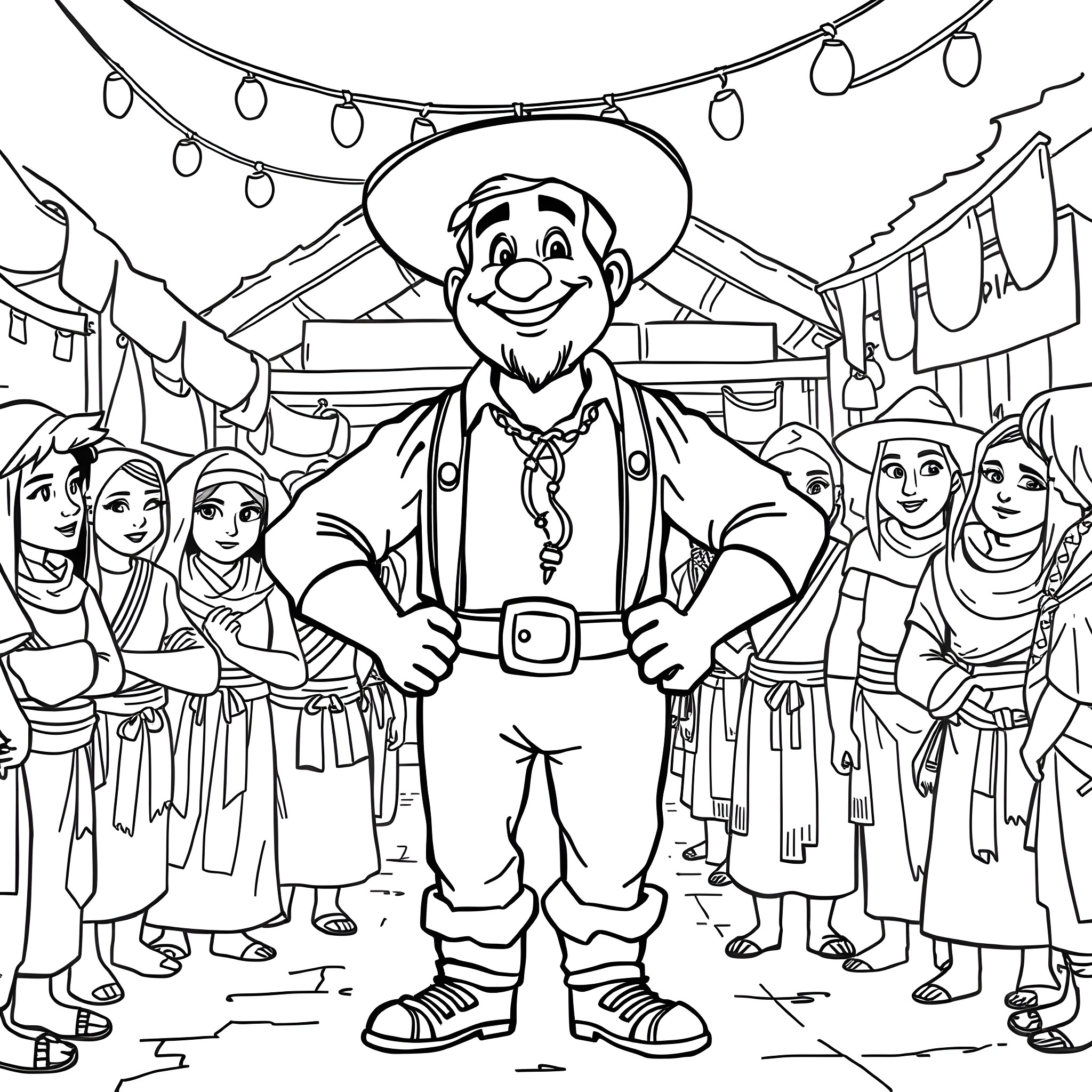 Gastón Performing for a Crowd Coloring Page (free black-and-white line drawing printable PDF for all, from beginners to advanced learners, including children, teens, adults, and seniors)
