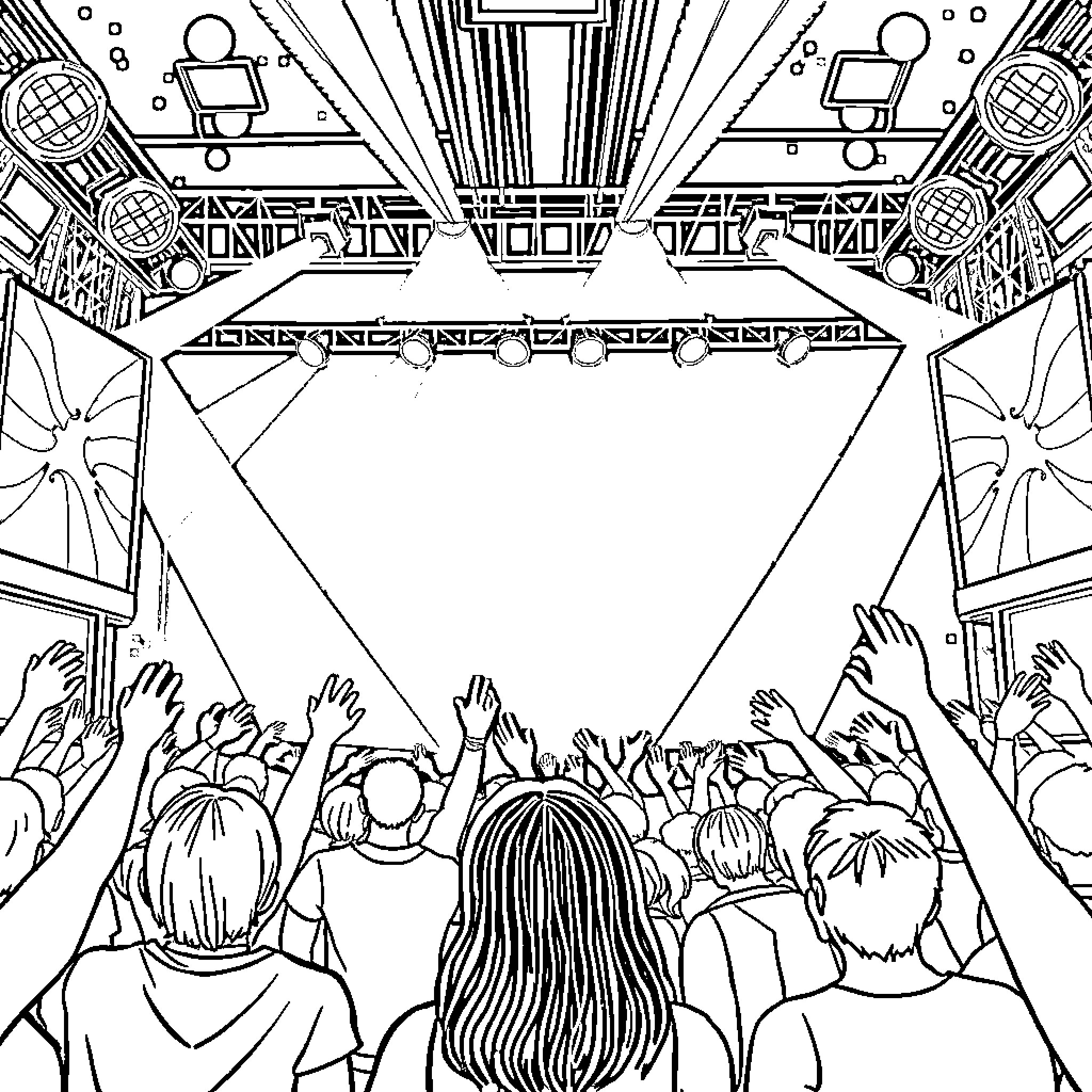 K Pop Stage with Cheering Crowd Coloring Page (free black-and-white line drawing printable PDF for all, from beginners to advanced learners, including children, teens, adults, and seniors)
