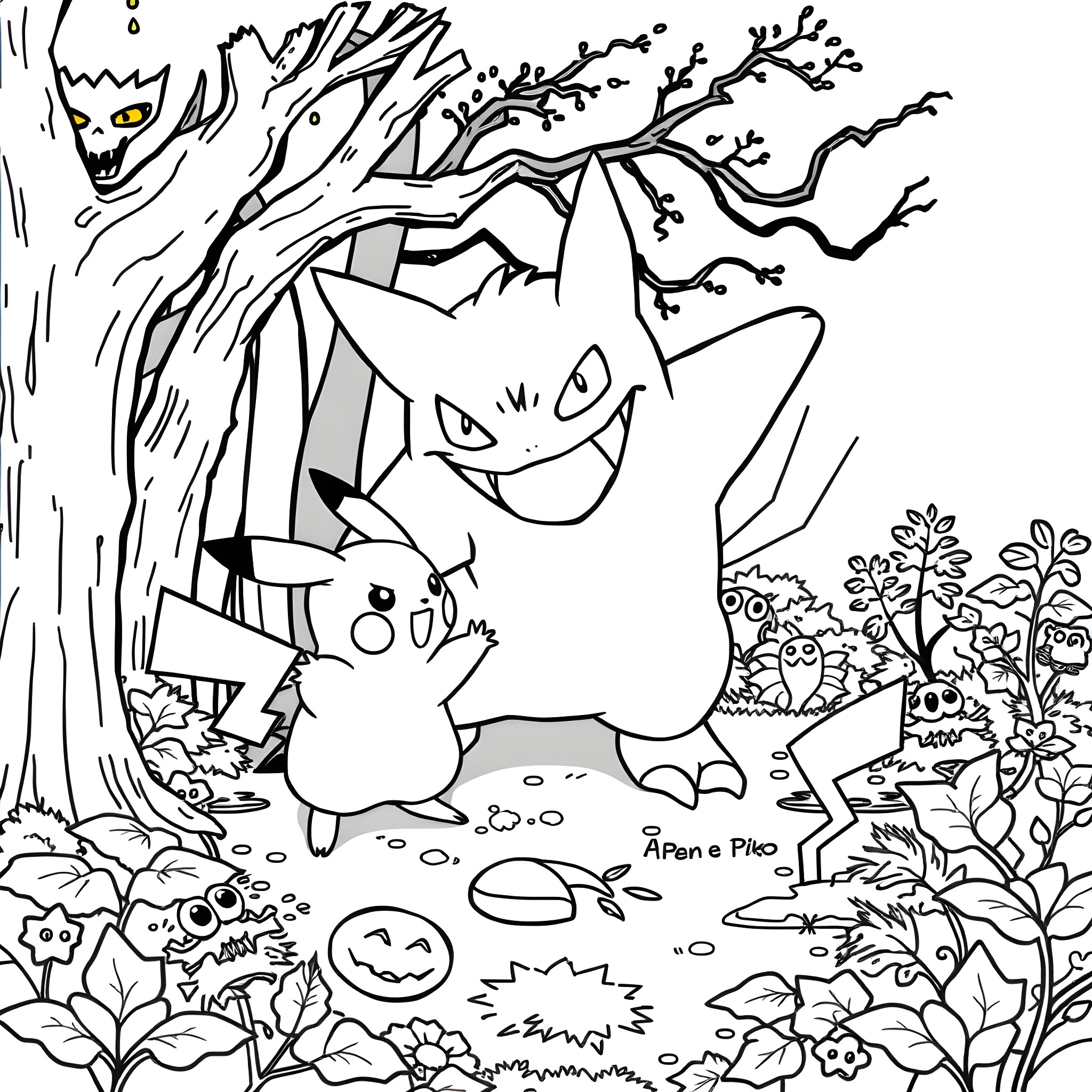 Gengar leading a mischievous adventure in the forest Coloring Page (free black-and-white line drawing printable PDF for all, from beginners to advanced learners, including children, teens, adults, and seniors)