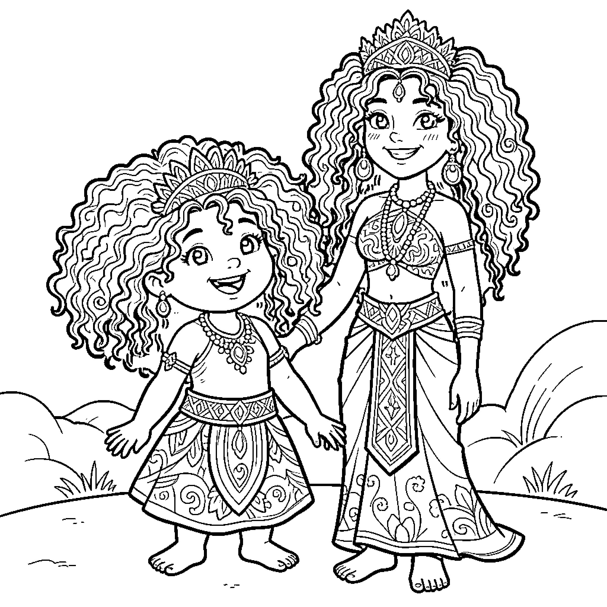 Lilo and her mother enjoy a day outdoors Coloring Page (free black-and-white line drawing printable PDF for all, from beginners to advanced learners, including children, teens, adults, and seniors)