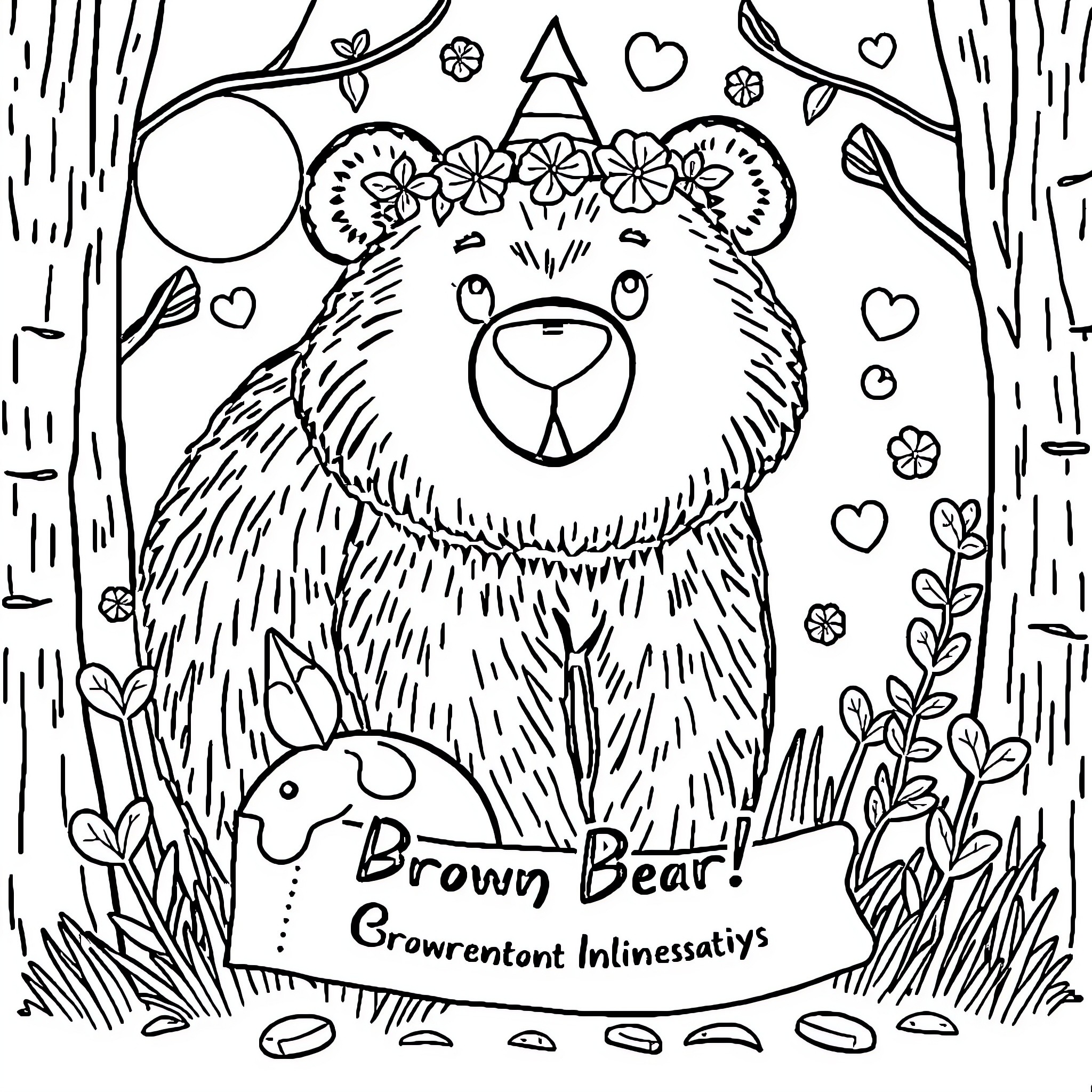 Bear with Floral Accessories in Forest Scene Coloring Page (free black-and-white line drawing printable PDF for all, from beginners to advanced learners, including children, teens, adults, and seniors)
